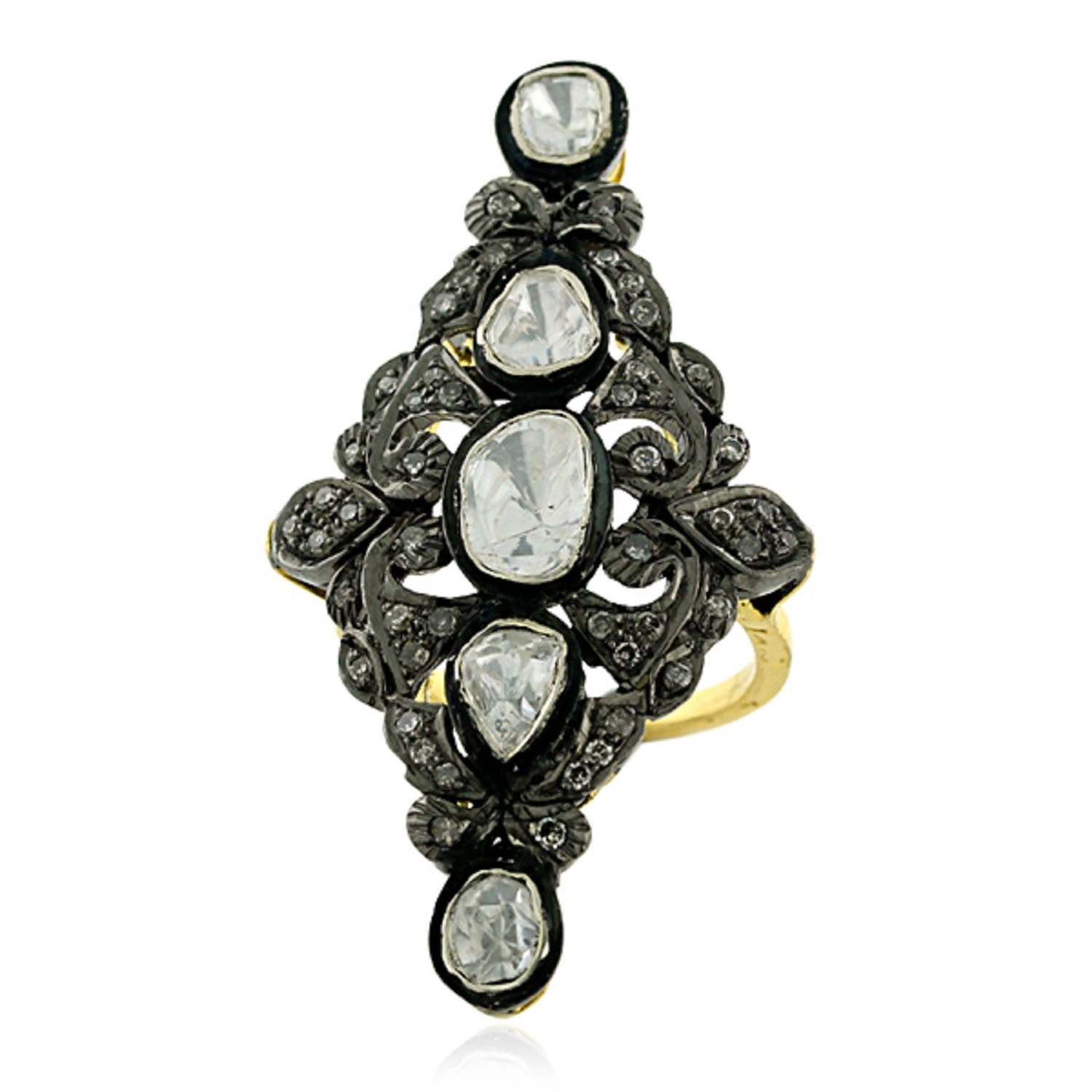 Women’s White / Silver / Gold Pave Diamond 14K Gold 925 Sterling Silver Ring Indian Ethnic Look Jewelry Artisan