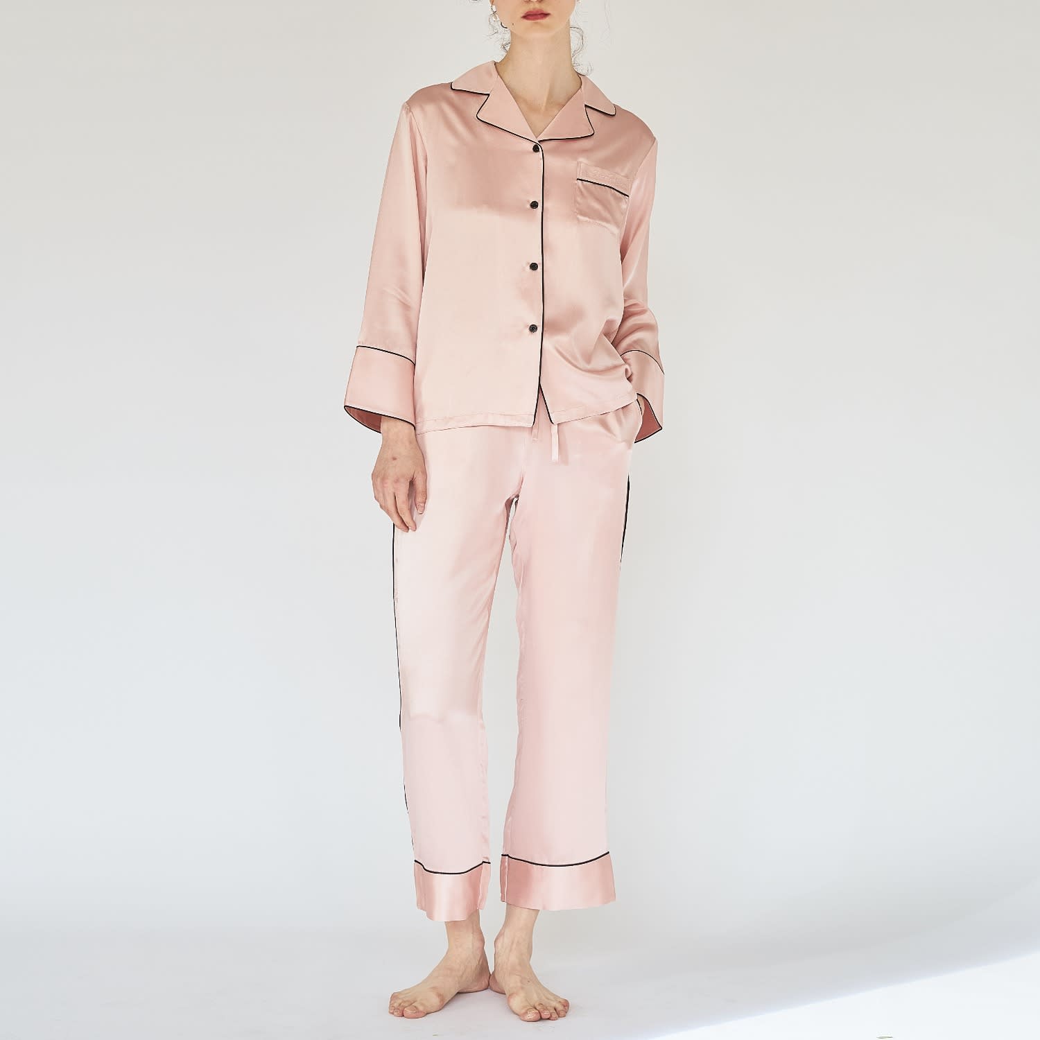 Pink Silk 3 Piece Pyjamas Set, 100% Silk Pink Shirt Bra Pant