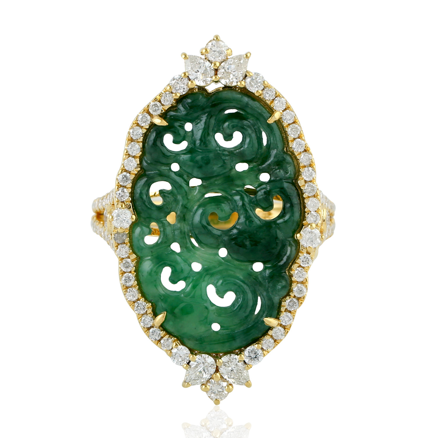 Women’s Green Handmade Carving Jade 18K Gold Diamond Designer Ring Artisan