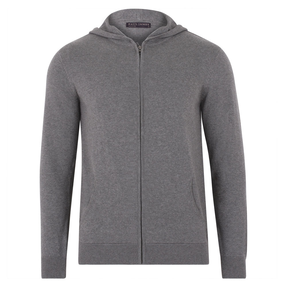 Mens Lightweight Cotton Zip Through Knitted Jackson Hoodie - Grey Pewter XXL Paul James Knitwear