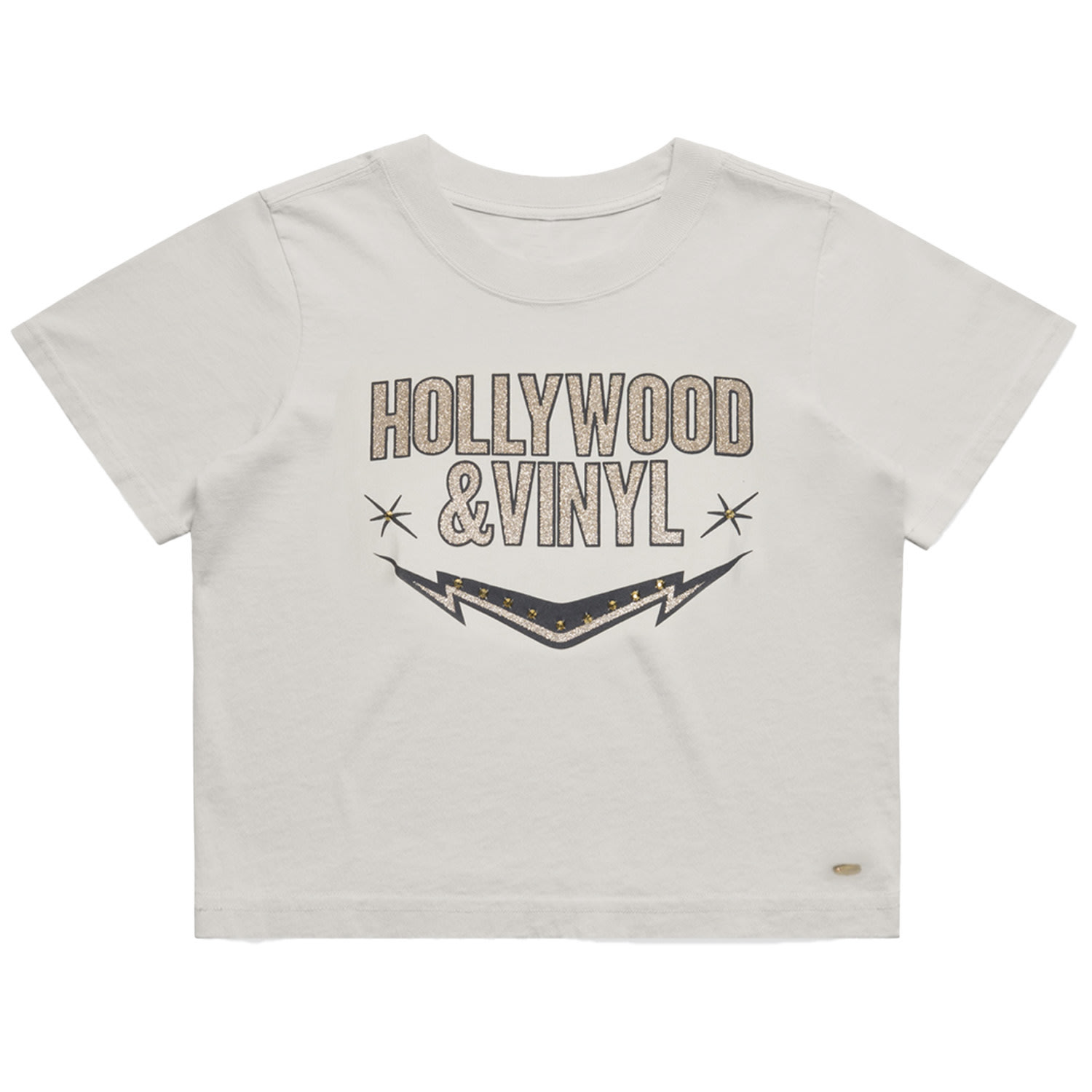 Black Cake Women's Neutrals Hollywood & Vinyl Rock N Roll Bling Bling Glitter Crop Tee In Black