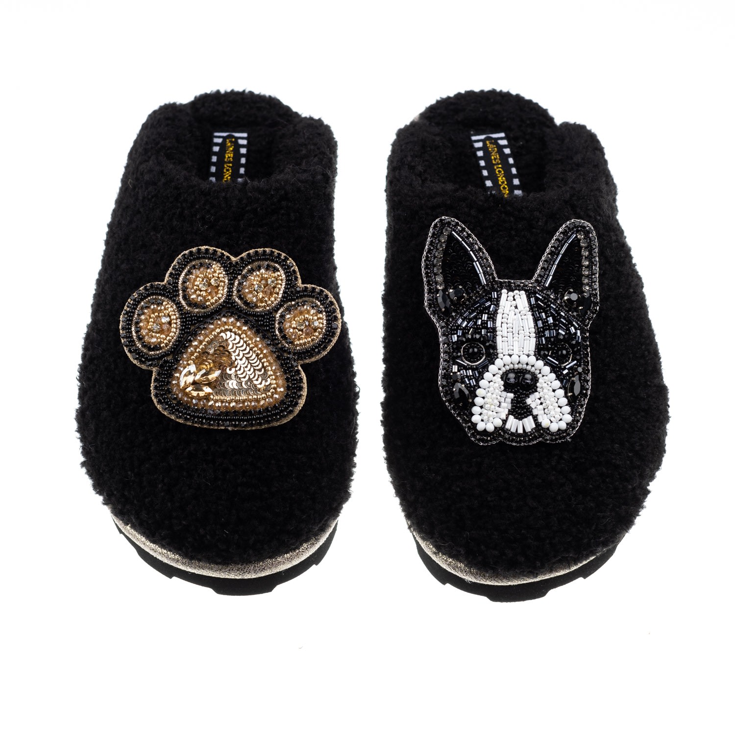 Laines London Women's Towelling Closed Toe Slippers With Buddy Boston Terrier & Paw Brooches - Black In Black