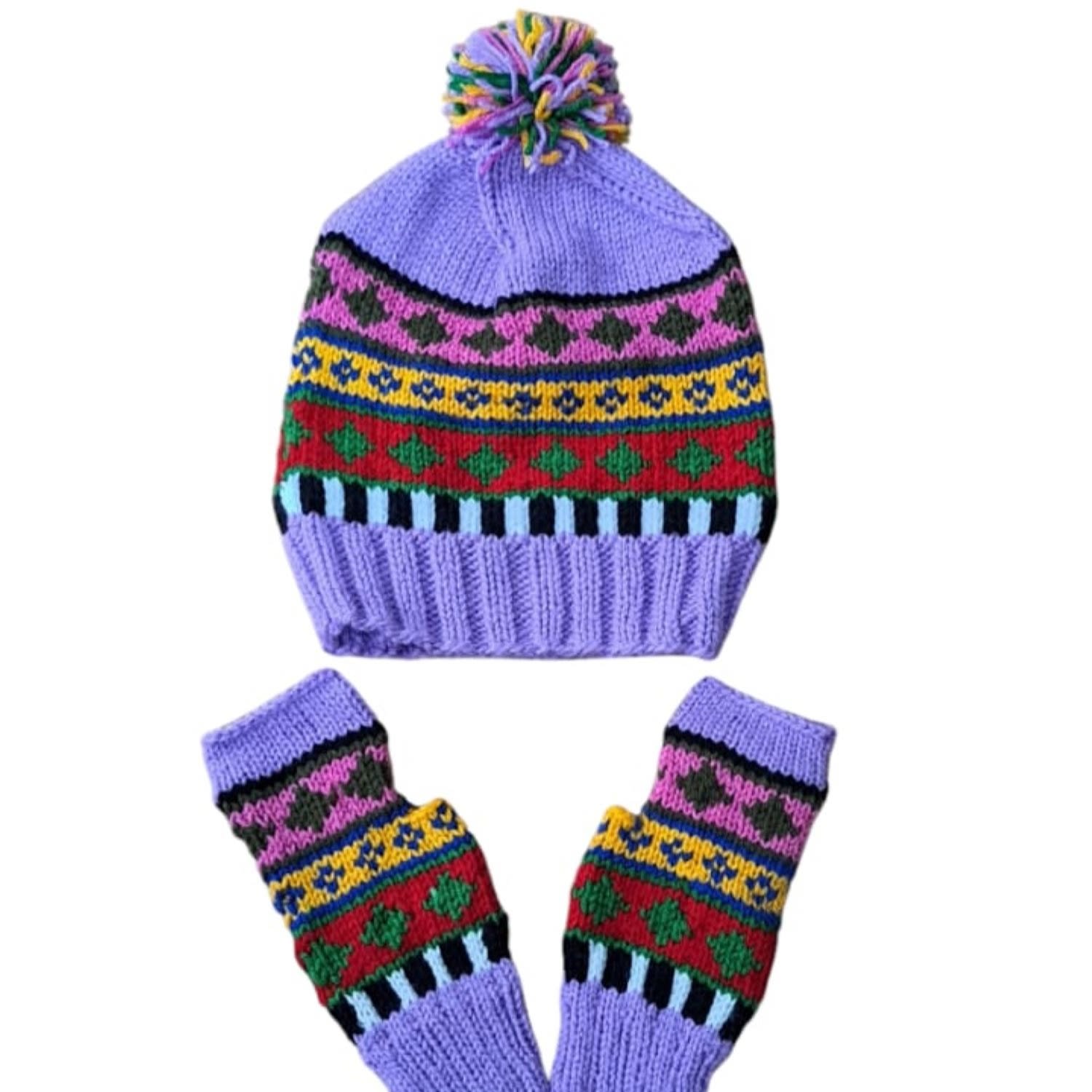 Springmoonatelier Women's Handcrafted Wool Hat And Fingerless Gloves - Purple With Mixed Colors