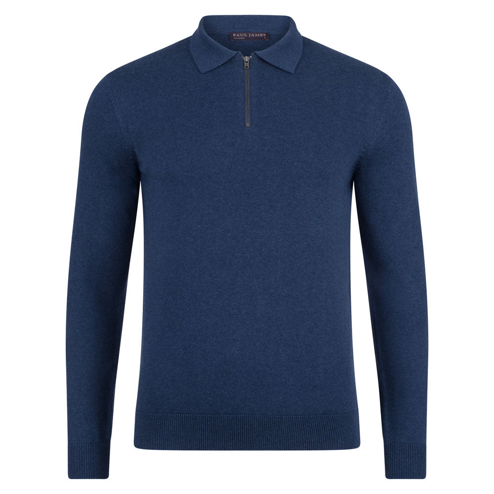 Paul James Knitwear Mens Lightweight Finley Cotton Zip Neck Polo Shirt - Blue Melange In Blue