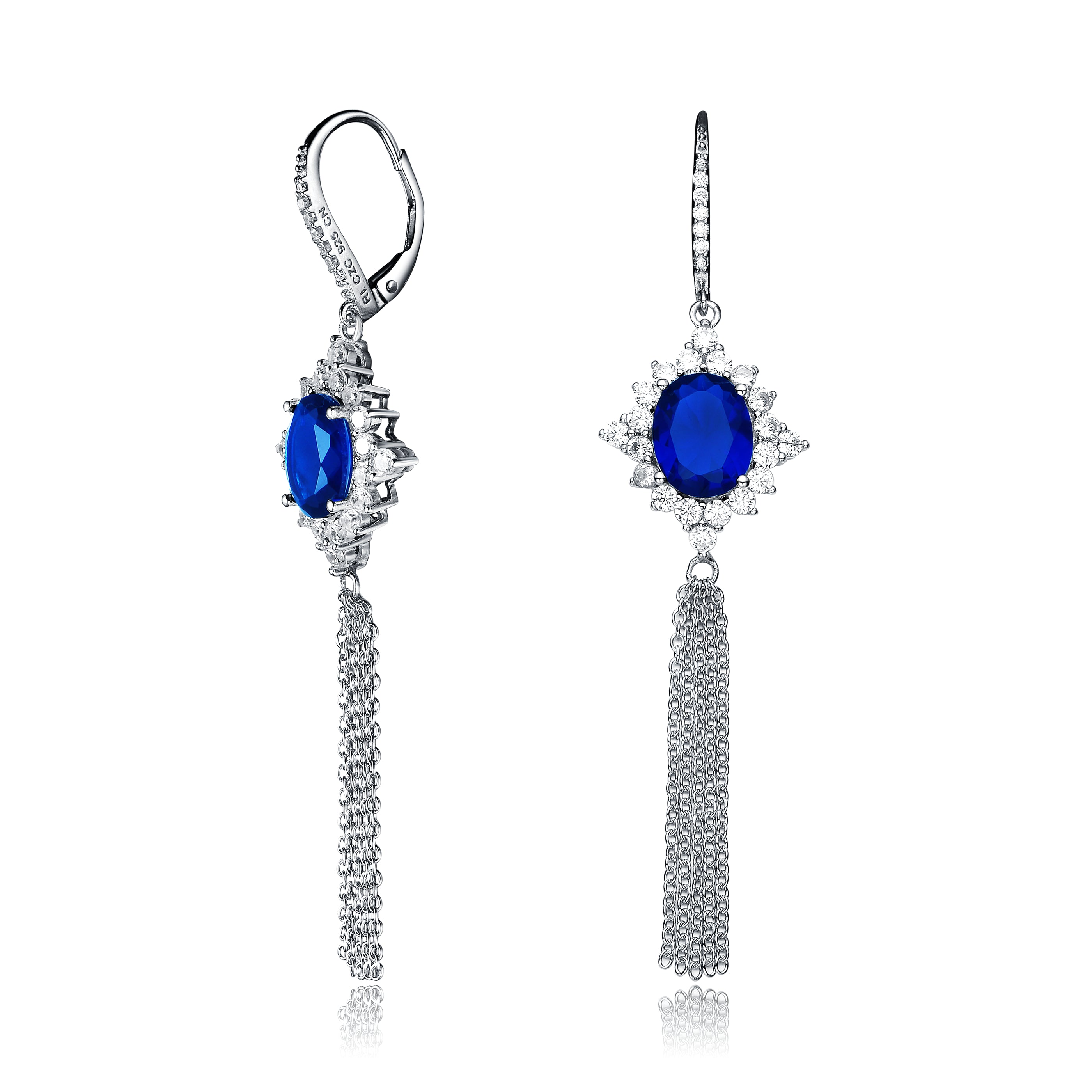 Genevive Jewelry Women's Blue / White / Silver Sterling Silver Deep Blue Cubic Zirconia Tassel Earrings In Multi