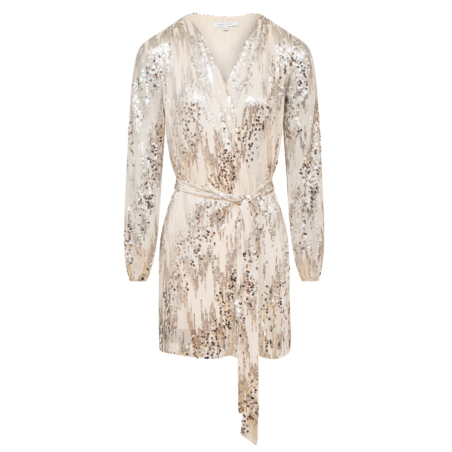 Women's Gold / Silver Long Sleeve Sequin Wrap Dress Cream | Medium | Urban Touch