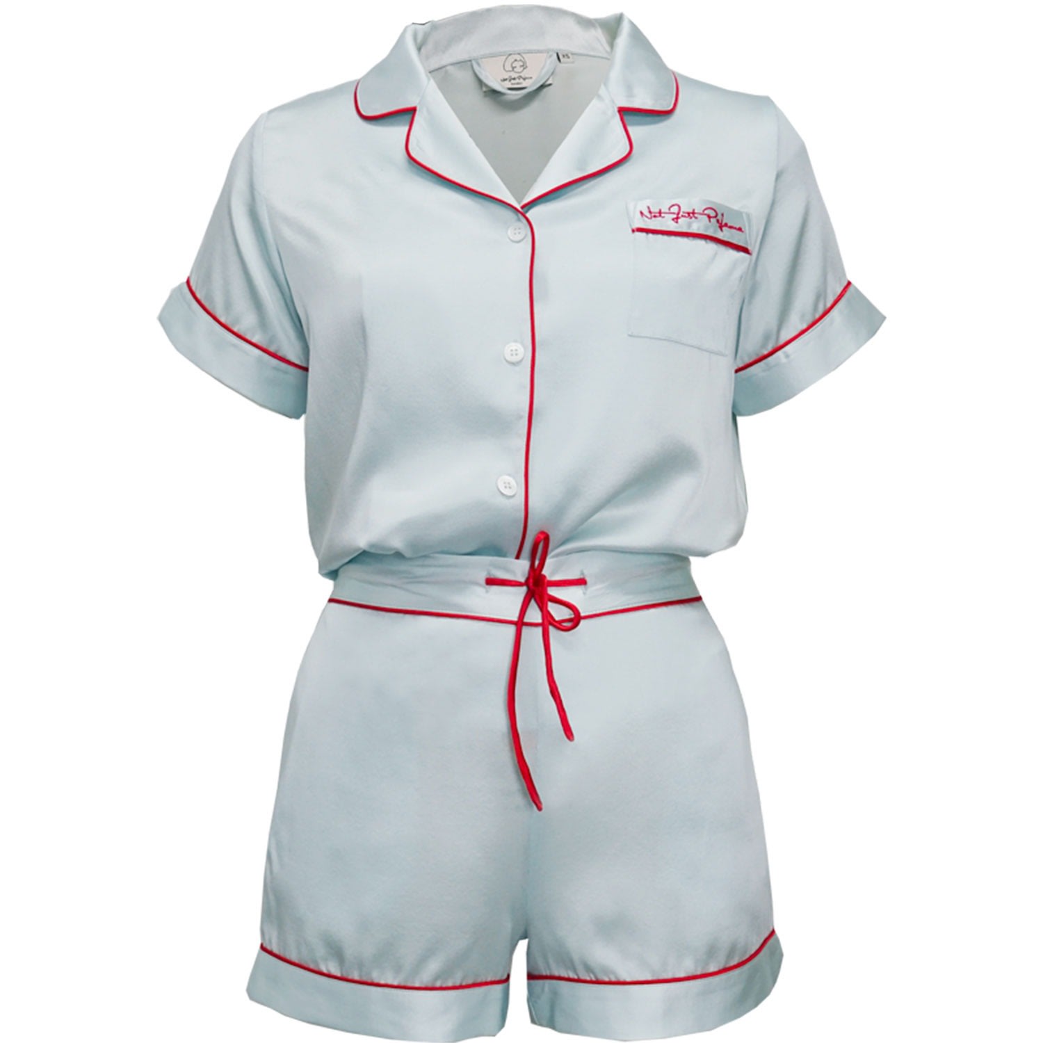 Not Just Pajama Women's Love Embroidery Silk Short Pyjamas Set - Blue In Blue