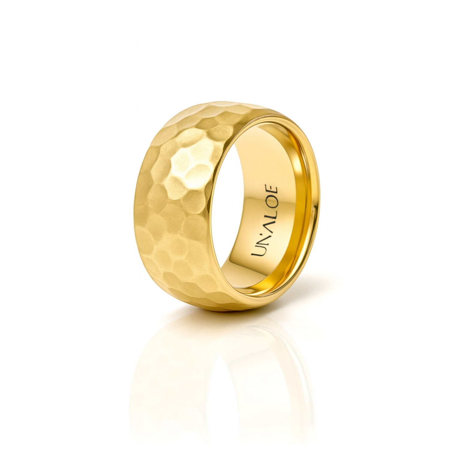 Unaloe Classic Women's Domed Silver Band With Hammered Texture- Gold Plated In Gold