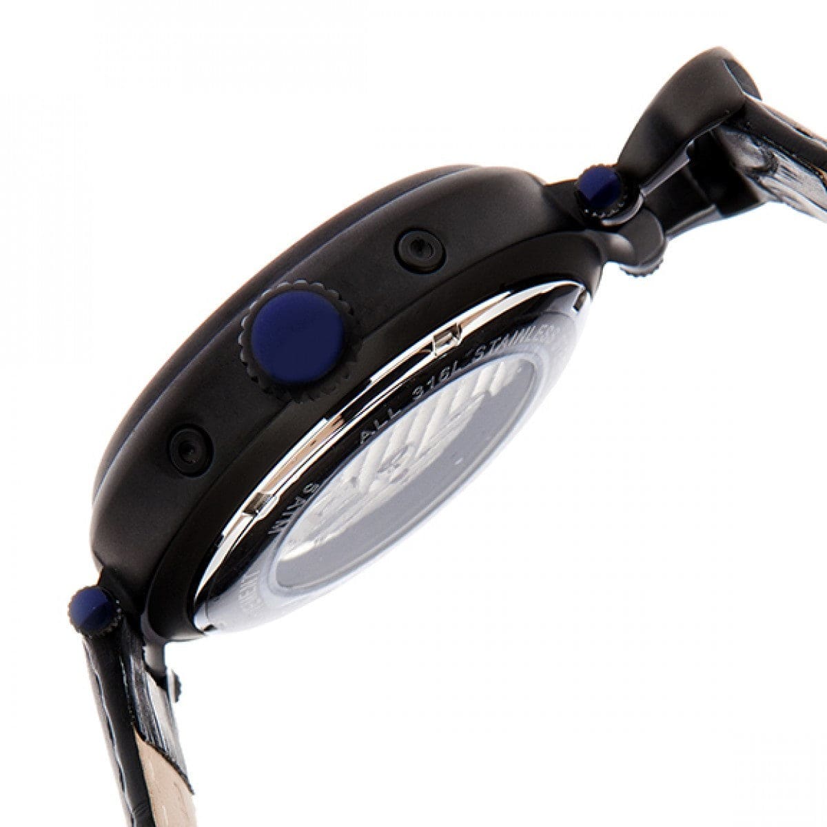 Ganzi Semi Skeleton Leather Band Watch with Day and Date Black