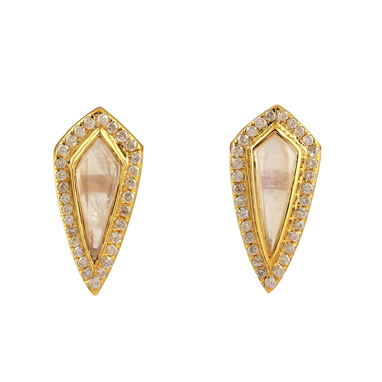 Women’s White / Gold Bezel Set Diamond & Kite Shape Moonstone Gemstone In 18K Yellow Gold Stud Earrings Artisan