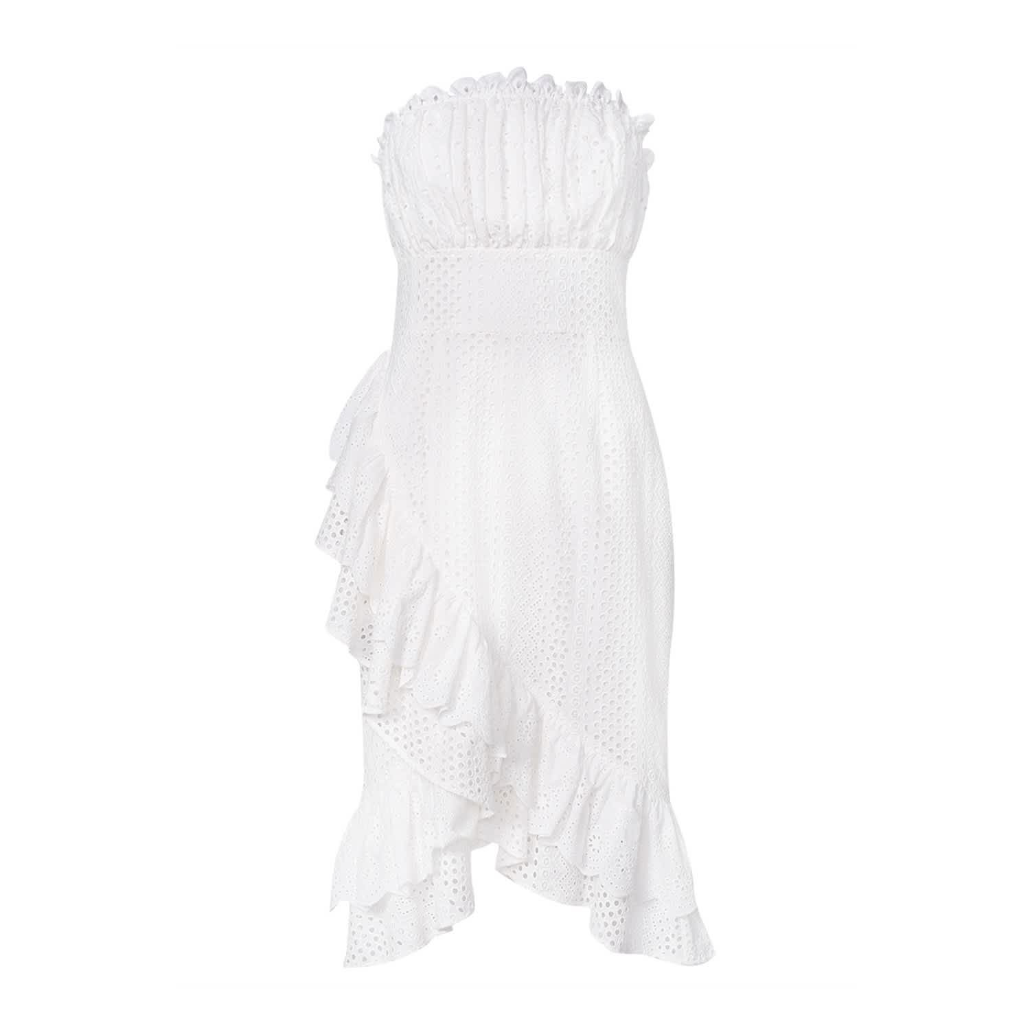 white strapless wrap dress