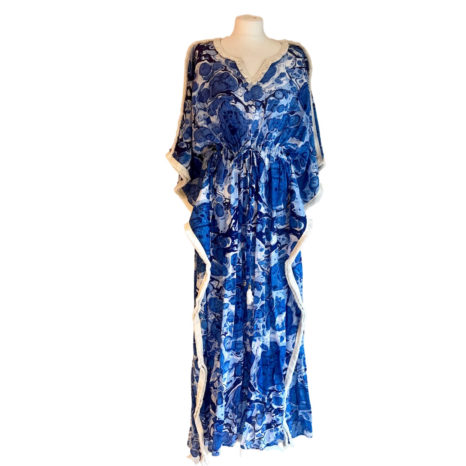 Women’s Blue / White Regular Kaftan Fringe Drape M/L Yunikulondon