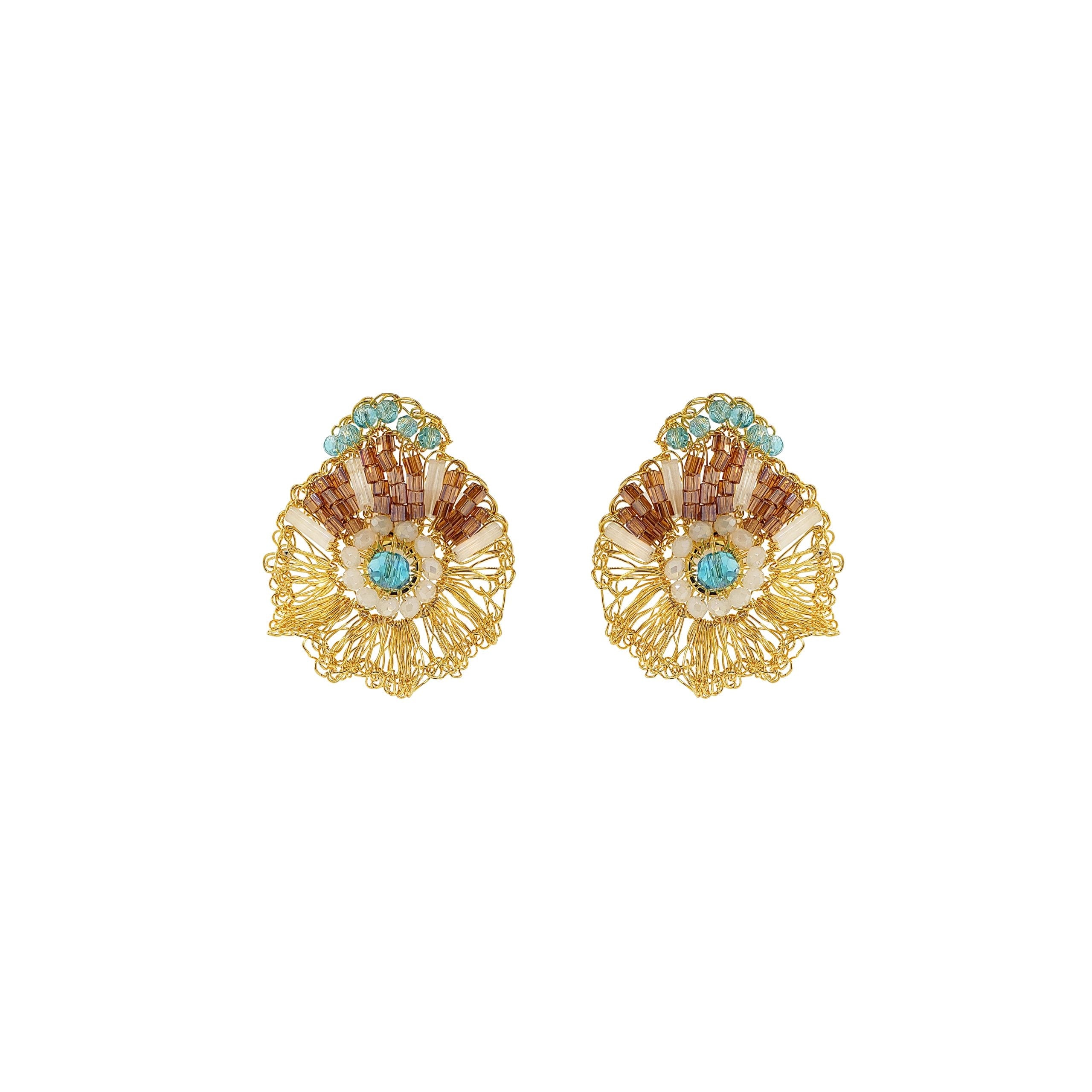 Lavish By Tricia Milaneze Women's Neutrals / Gold / Blue Seafoam Blue Mix Crown Mini Posts Handmade Crochet Earrings