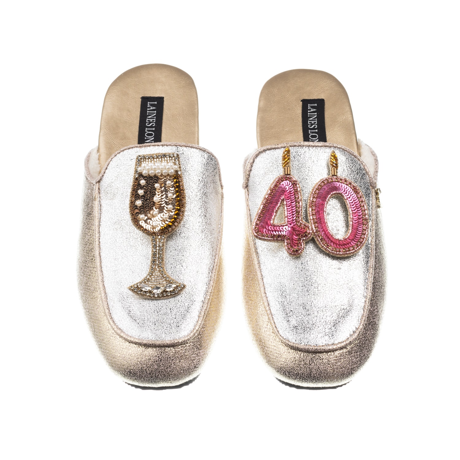 Laines London Women's Gold / Silver Classic Mules With 40th Birthday & Glass Of Champagne Brooches - Silver & Gold In Gold/silver