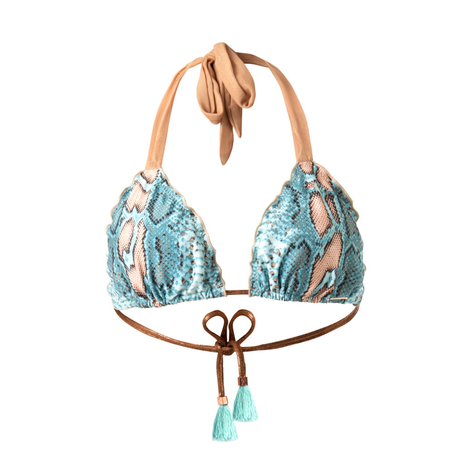 Deessa Ibiza Women's Blue / Gold / Neutrals Ibiza Turquoise Blue Animal Snake Print Ruched Triangle Bikini Top Ge In Blue/gold