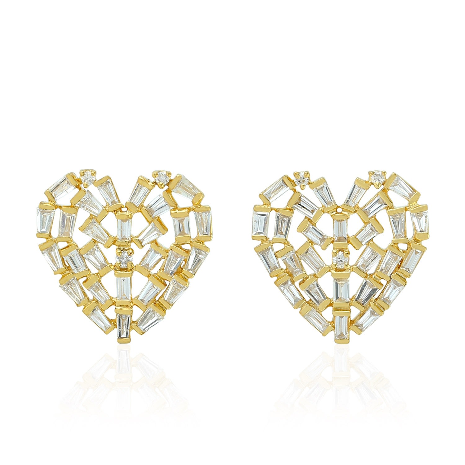 Artisan Women's Gold / White Designer Baguette Diamond Heart Earrings In 18k Yellow Gold In Multi
