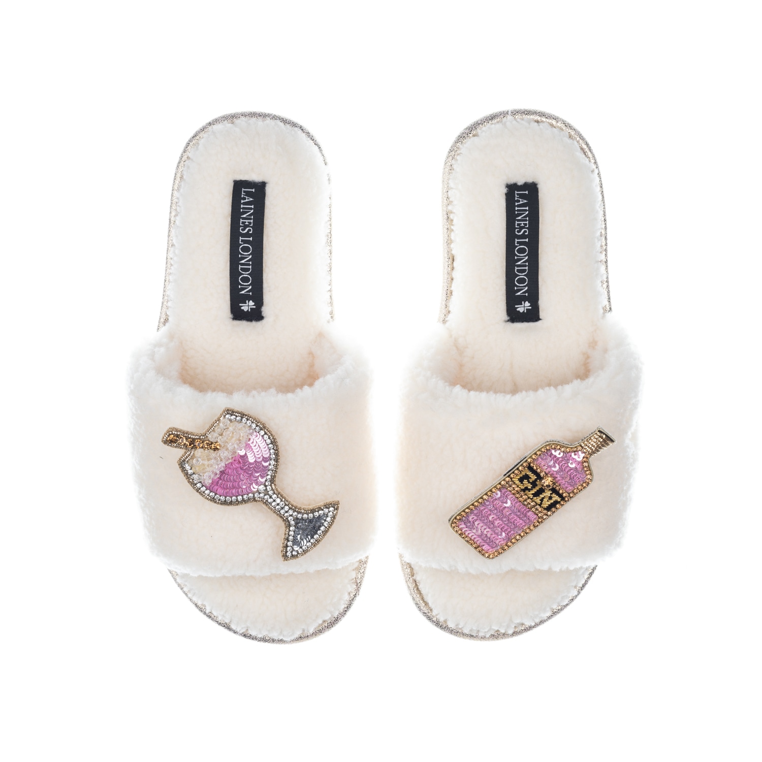 Women’s White Teddy Towelling Slipper Sliders With Pink Gin Brooches - Cream Small Laines London