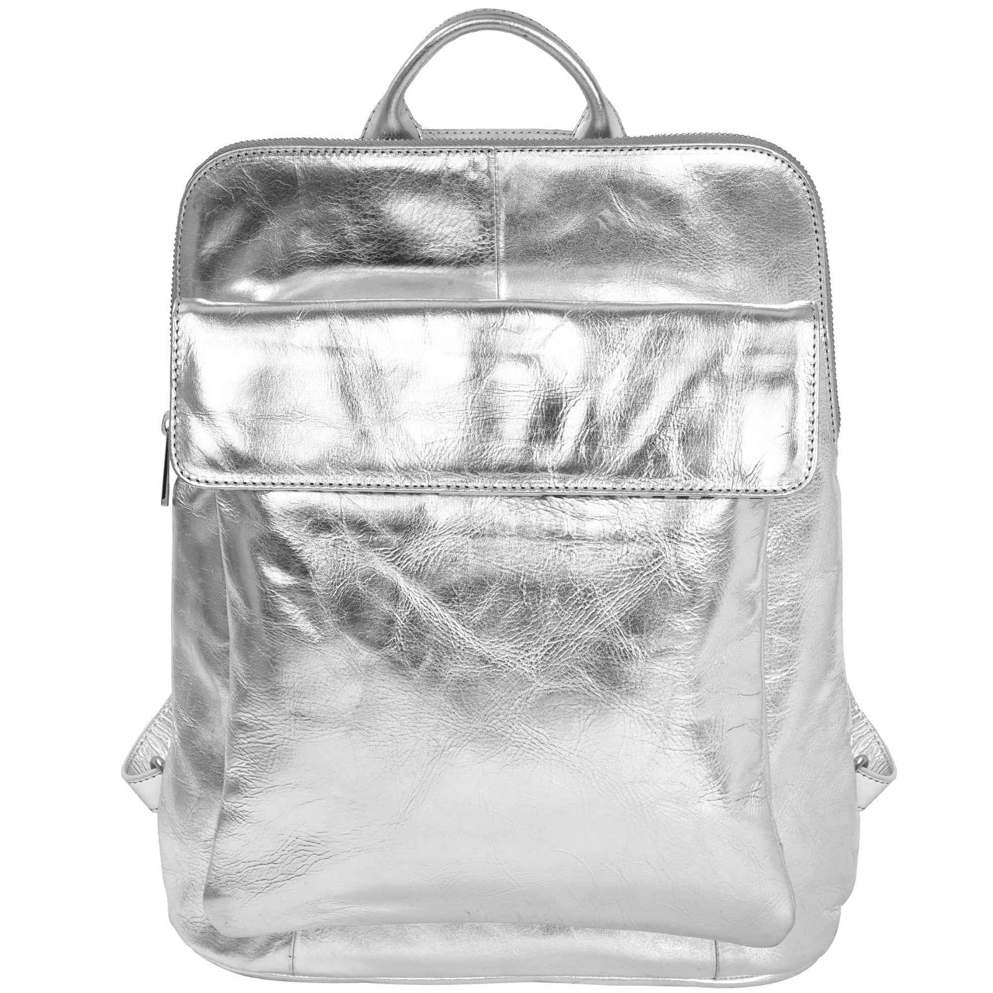 Brix + Bailey Women's Silver Metallic Leather Flap Pocket Backpack