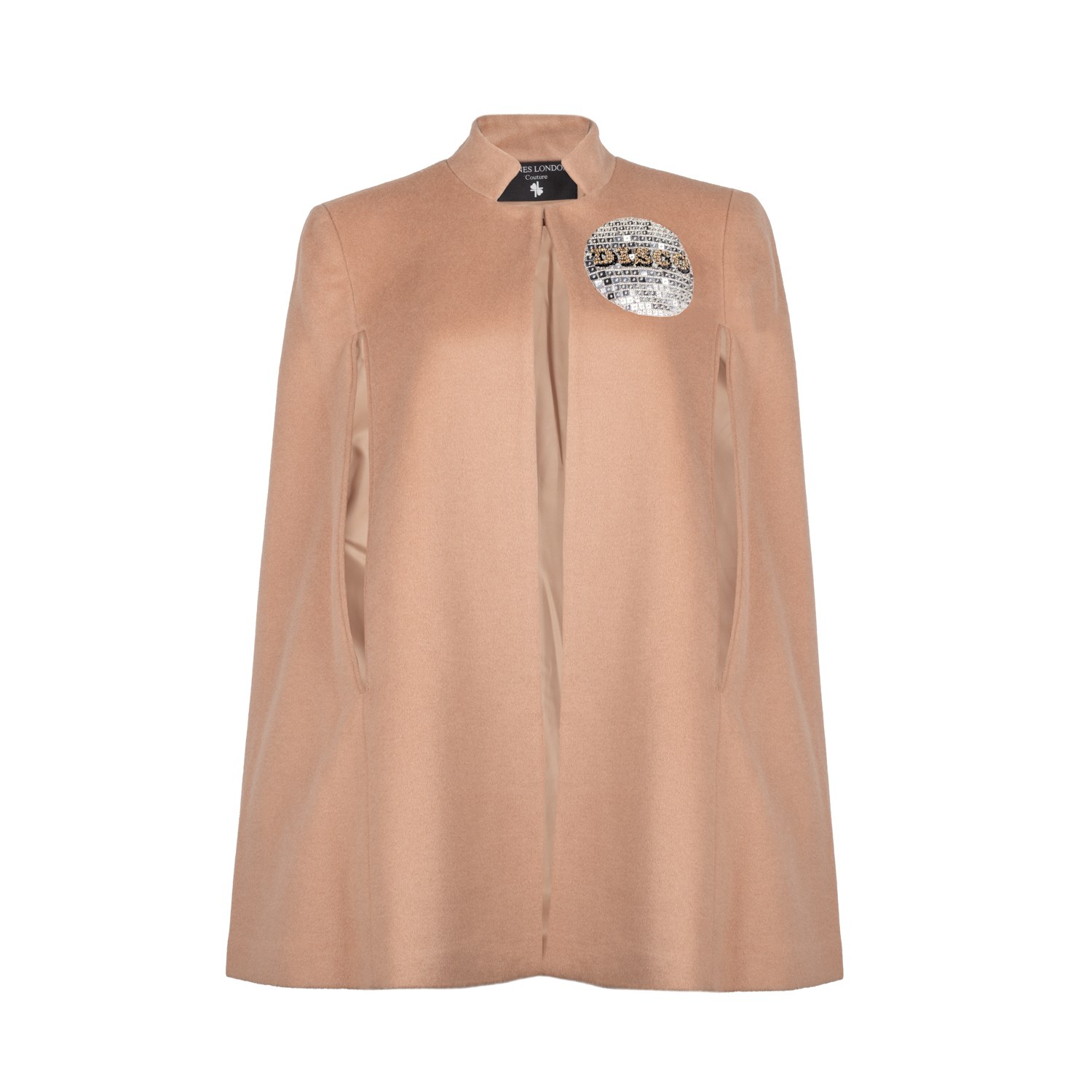 Women’s Neutrals Laines Couture Wool Blend Cape With Embellished Disco Ball - Camel L/Xl Laines London