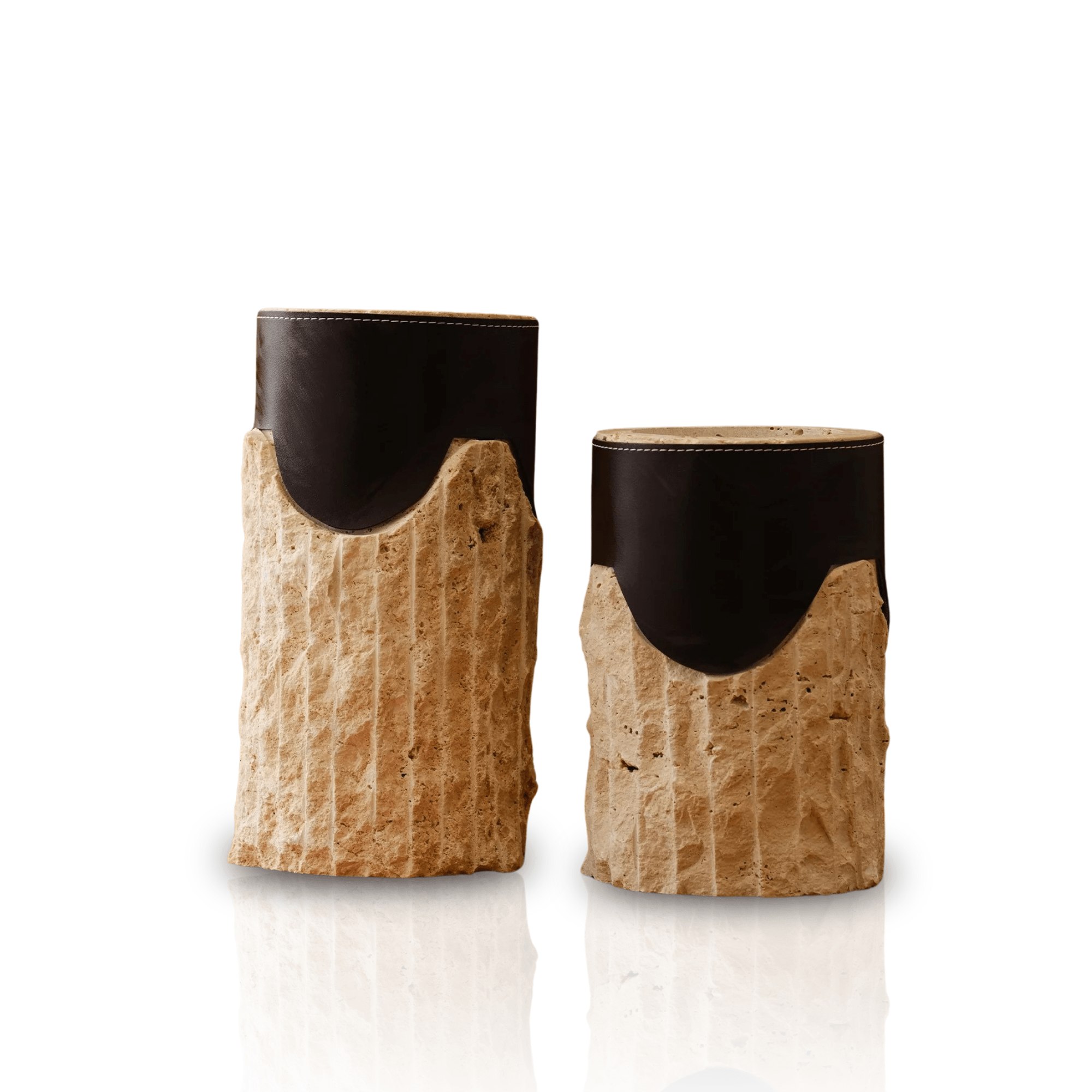Marleth Black Set Of Two Travertine Vases For Interior Display Beige Stone & Brown Leather Detail