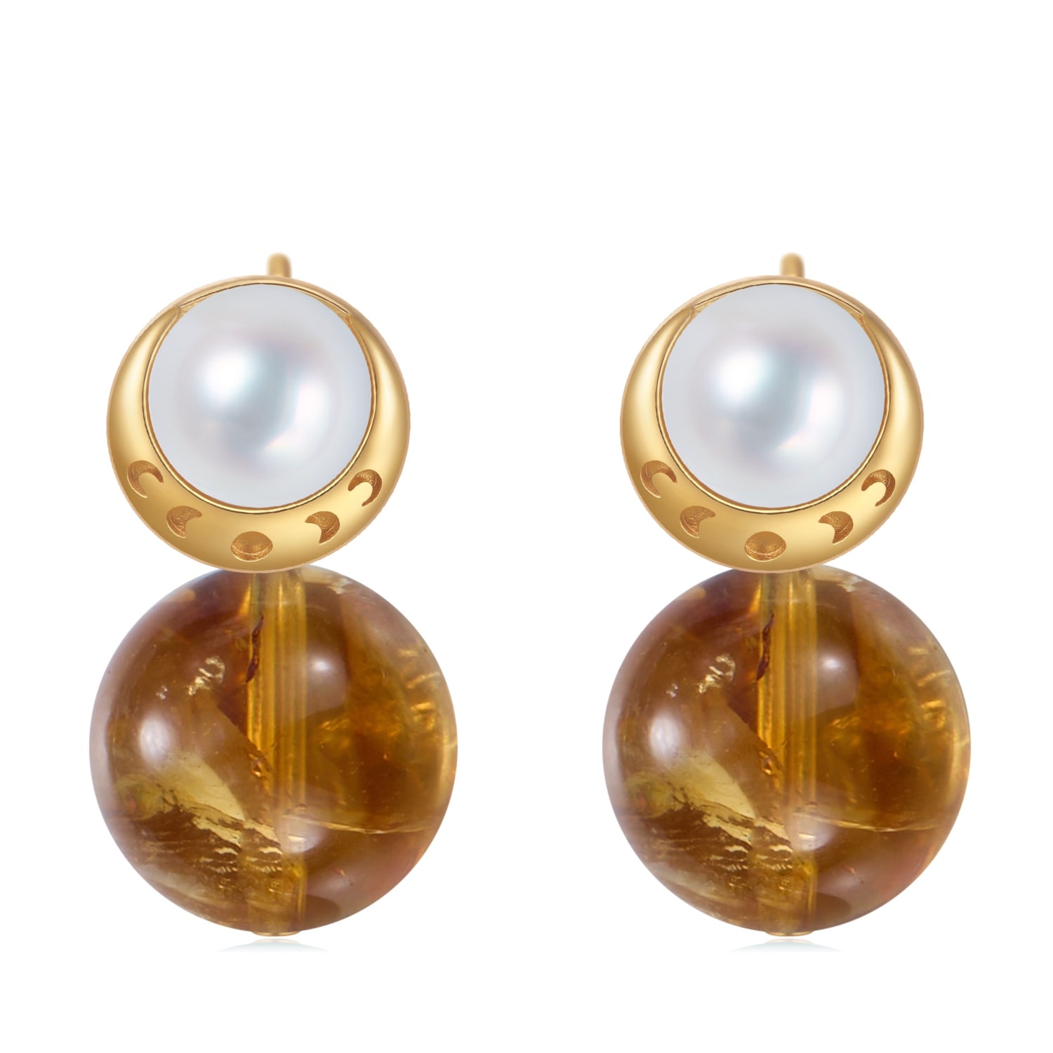 Aurozia Women's Yellow Starry Moon Lunar Phase Gold Vermeil Citrine Pearl & Moon Crystal Stud Earrings In Brown