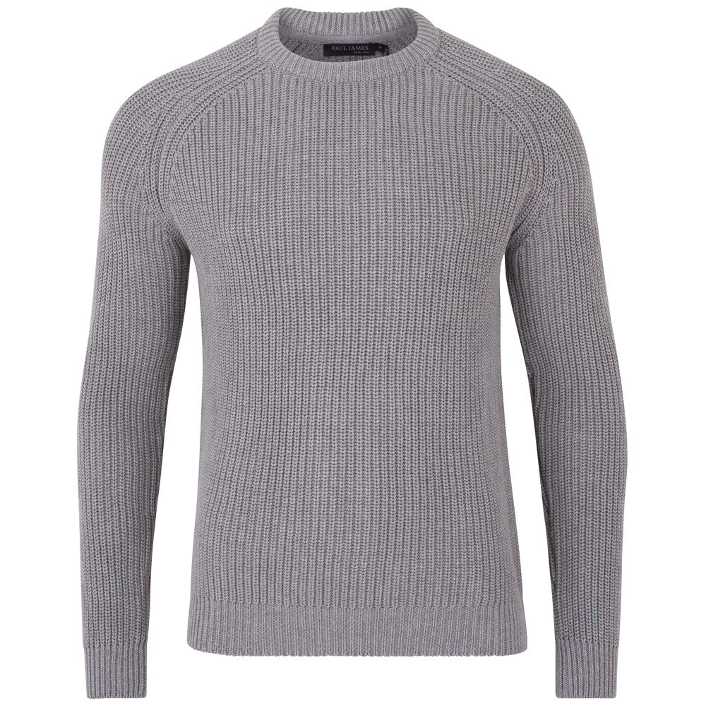 Paul James Knitwear Silver Mens Cotton Clark Fisherman Rib Knit Jumper - Ash Grey In Silver