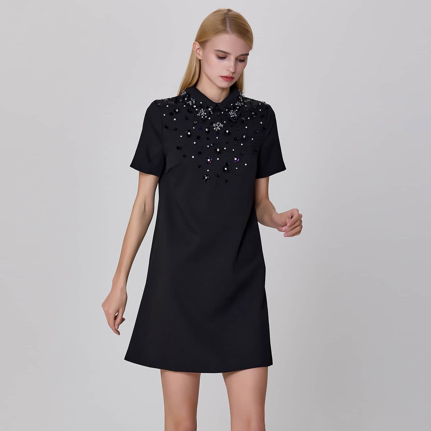 Beaded Straight Shirt Dress - Black | Smart and Joy | Wolf & Badger