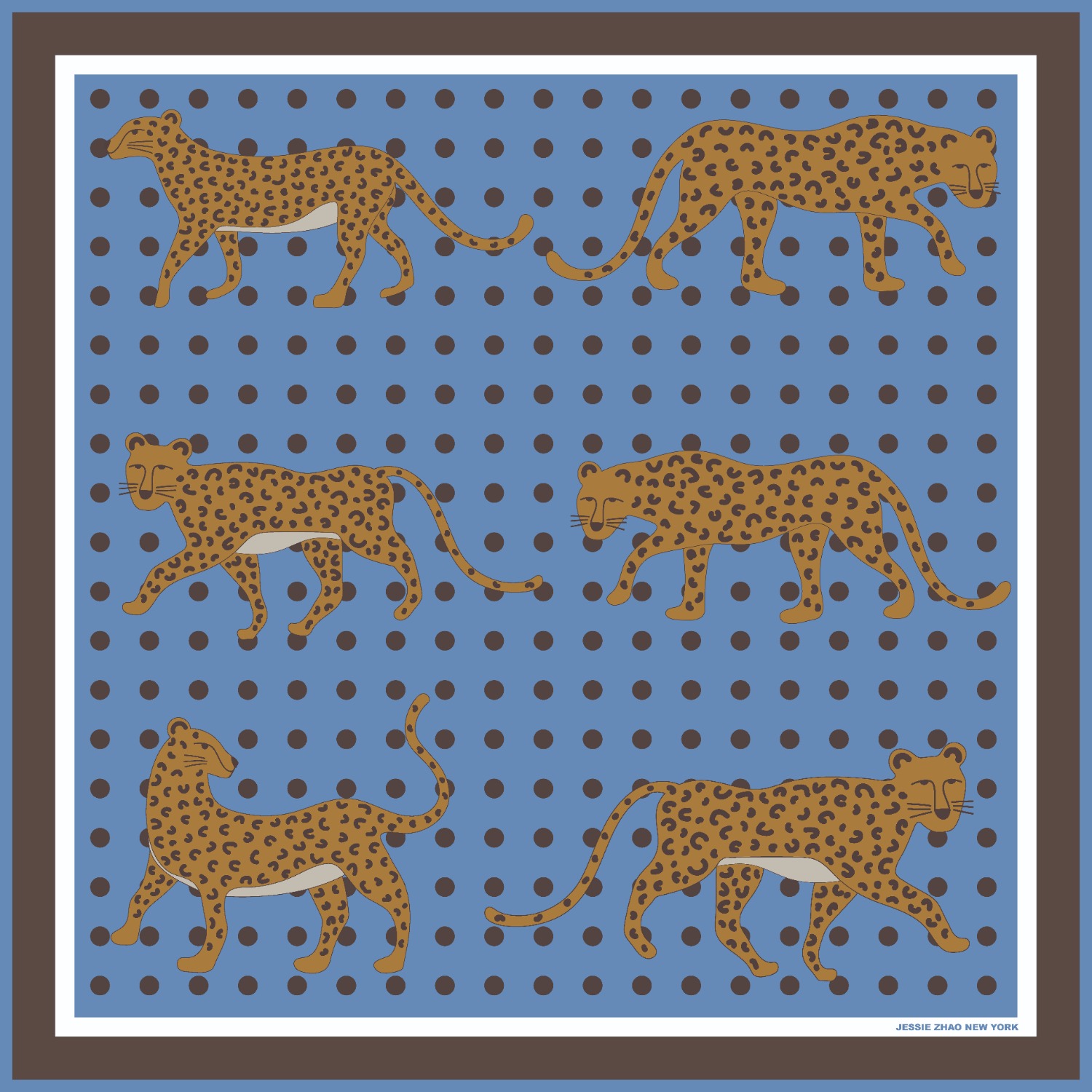 Jessie Zhao New York Double Sided Wool Silk Scarf Of Blue Leopards Garden In Blue