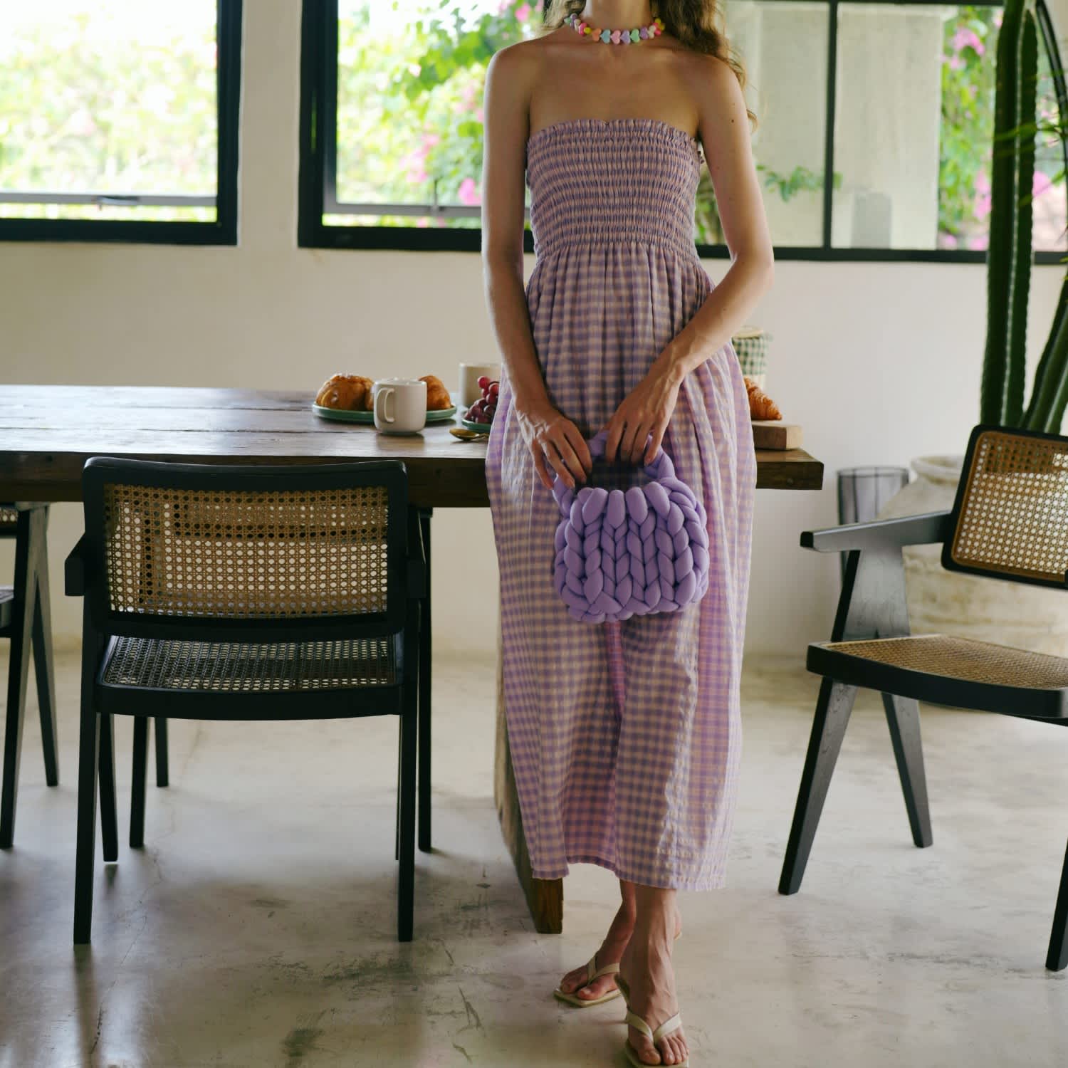 Ava Strapless Crinkle Gingham Dress In Lilac | Pink Haley | Wolf & Badger