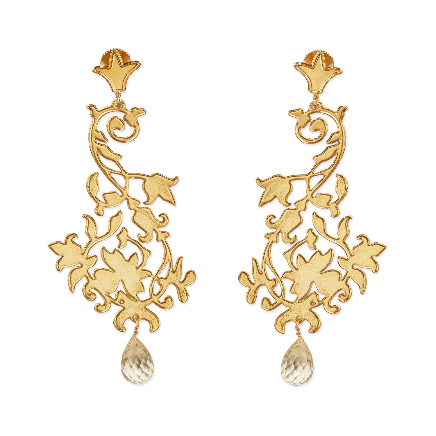 Dhwani Bansal Women's Gold / Green Gold Filigree Mehr Chandelier Earrings With Lemon Quartz In Multi