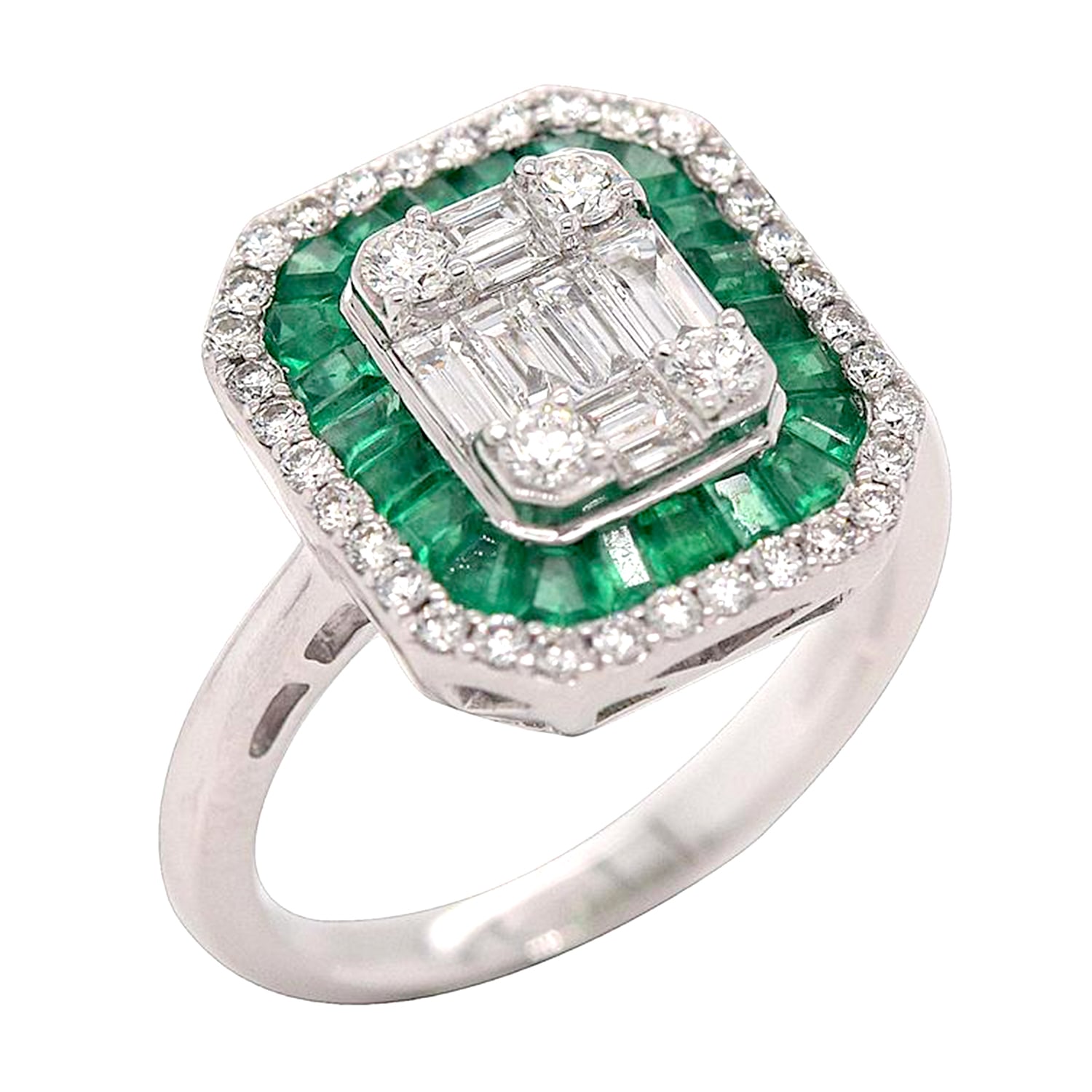 Women’s Green / White Genuine Baguette Cut Diamond & Green Emerald Gemstone 18K White Gold Cocktail Ring Artisan