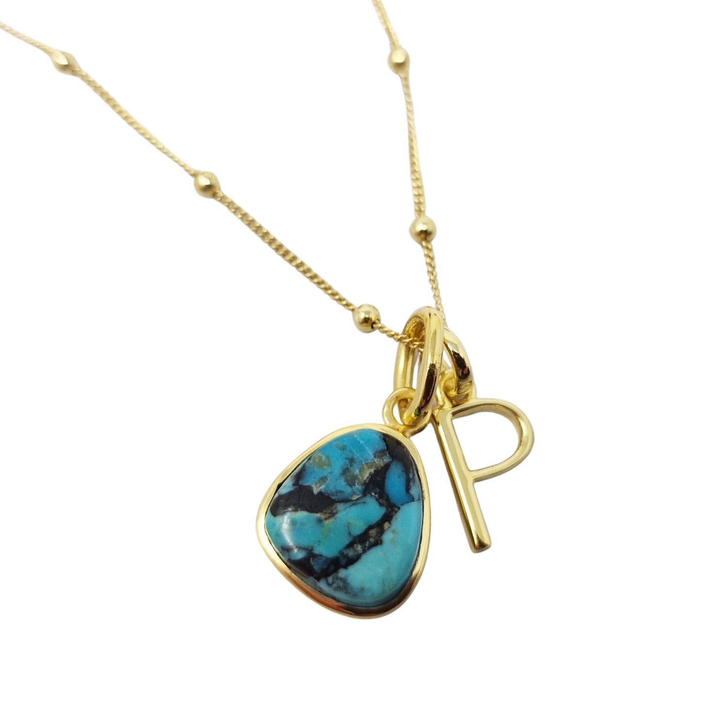 Women’s Blue / Gold Gold Vermeil Plated Blue Turquoise December Birthstone Initial Pendant Charm Necklace Harfi