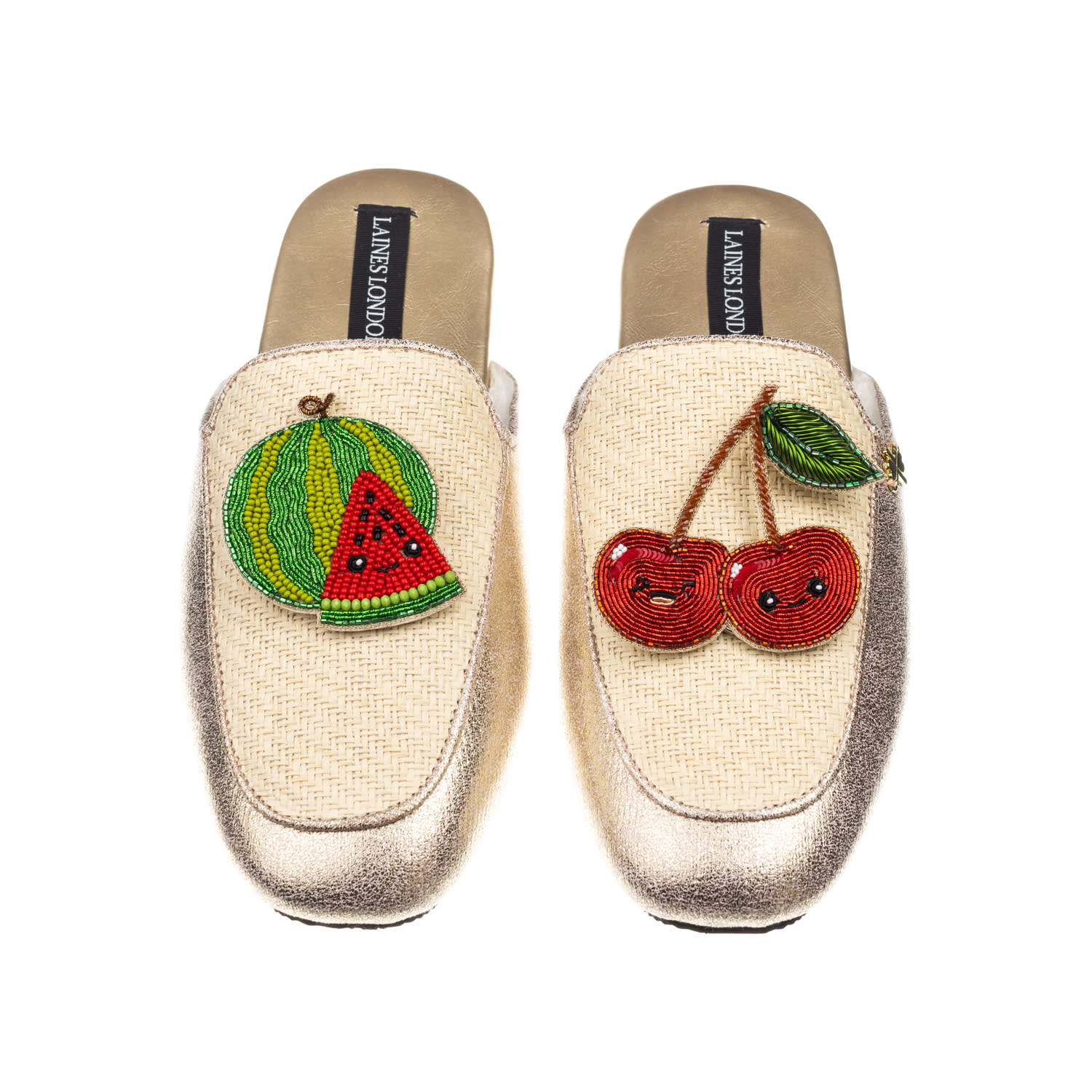 Laines London Women's Gold / Neutrals Classic Mules With Laines Loveables Watermelon & Cherry Brooches - Cream & G In Gold