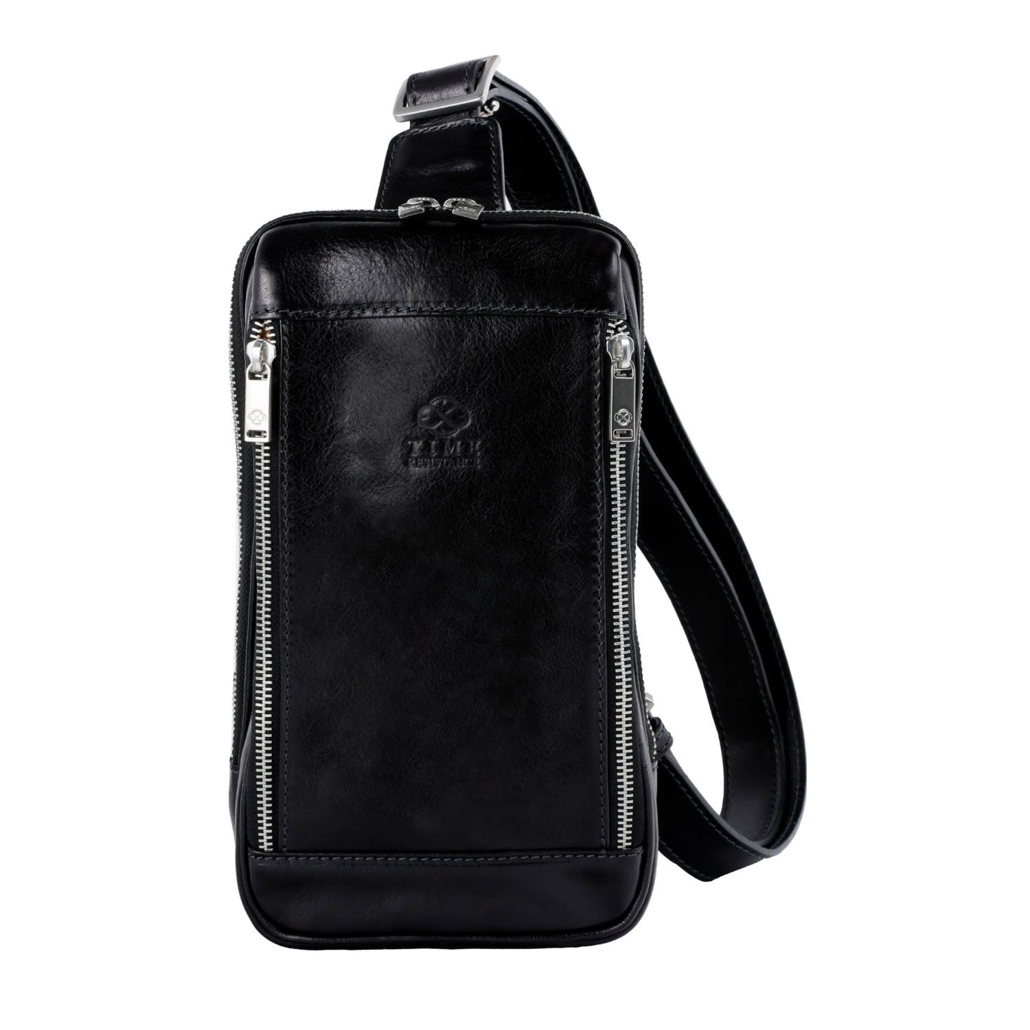 Time Resistance Men's Black Leather Sling Bag Chest Bag - Kim In Black