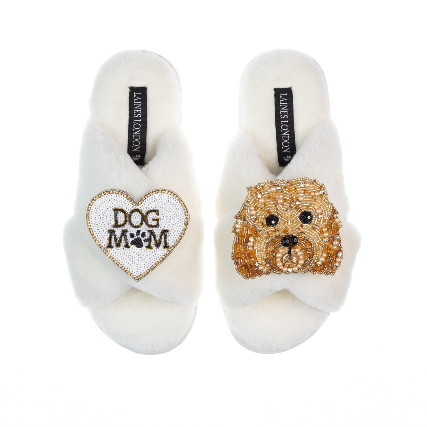 Laines London Women's White Classic Laines Slippers With Enki-doo & Dog Mum / Mom Brooches - Cream