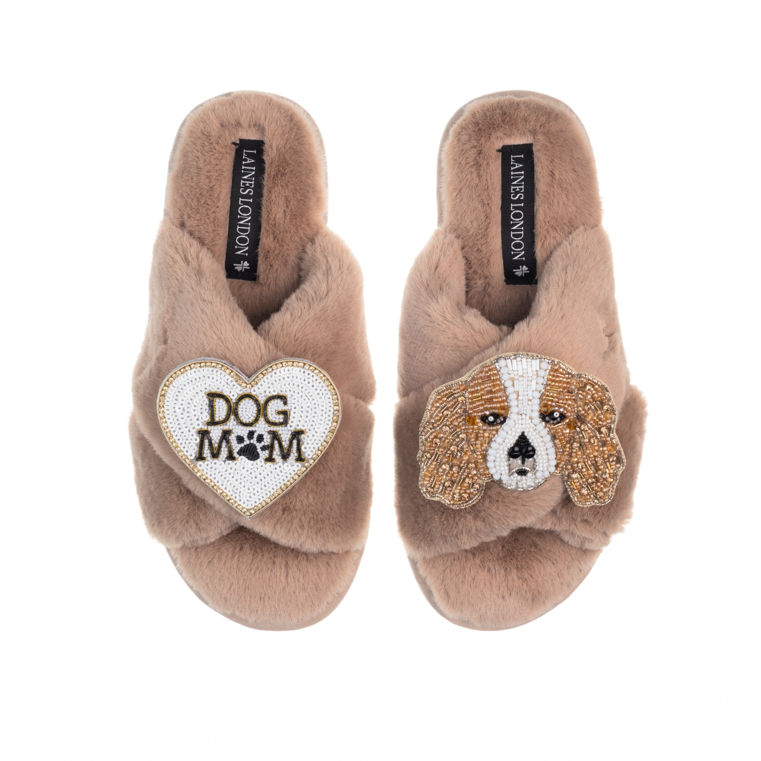 Laines London Brown Classic Laines Slippers With Lady The King Charles & Dog Mum / Mom Brooches - Toffee In Brown