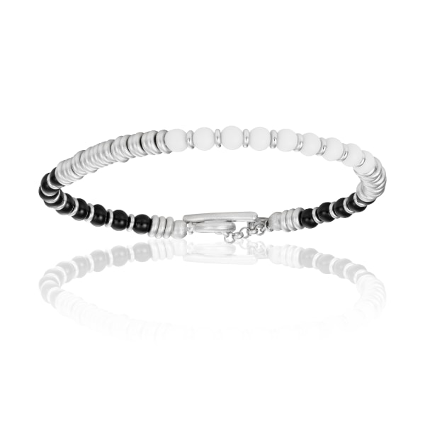 Men’s Moon Stone & Onix Stone Beaded Bracelet With White Gold Beads Unisex Double Bone Bracelets