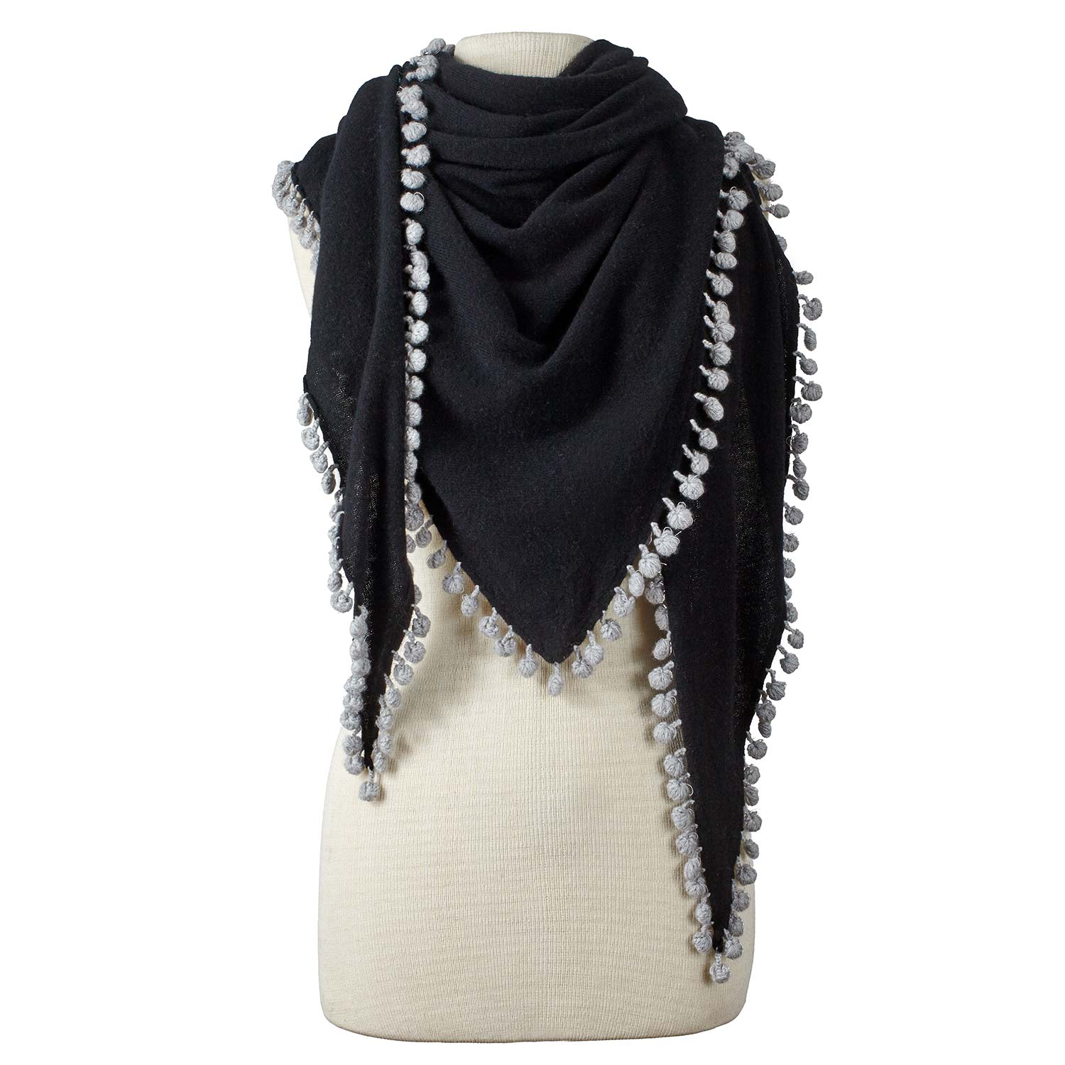 Women’s Black / Grey Alpine Cashmere Pom-Pom Triangle Wrap - Black & Birch