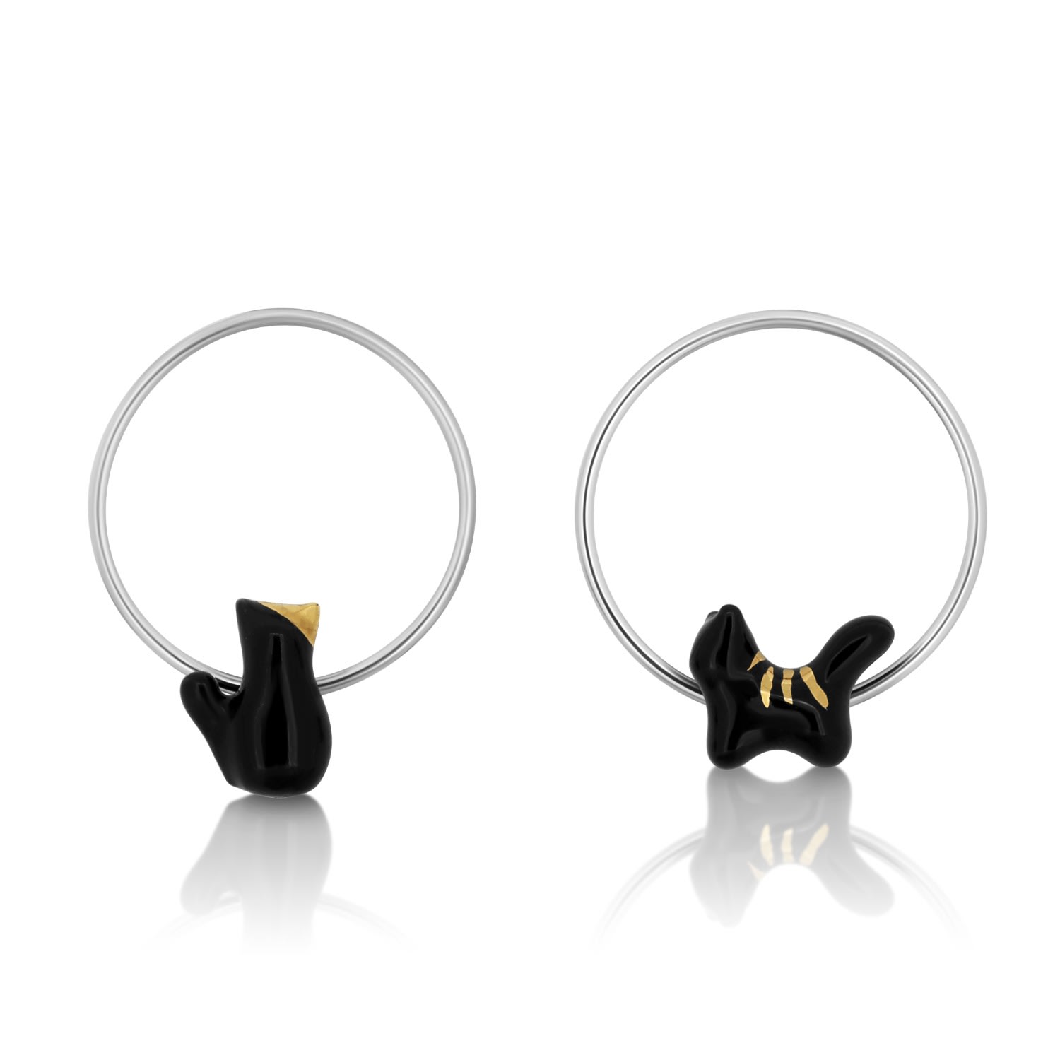 Women’s Black / Silver Big Stud Earrings Cats On Circle - Black And Gold CjÂ·314