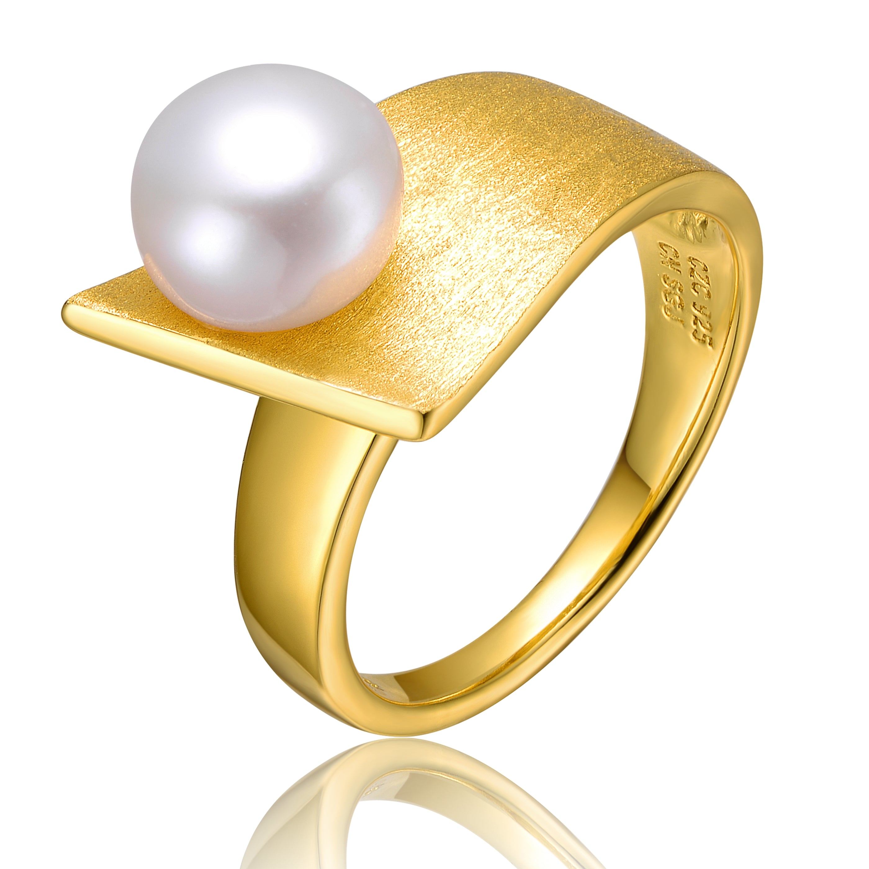 Genevive Jewelry Women's Genevive Sterling Silver Gold Plated With White Genuine Freshwater Pearl Linear Ring In White