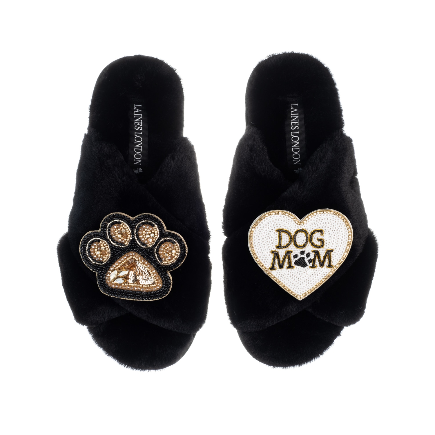 Laines London Women's Classic Laines Slippers With Dog Mum / Mom & Paw Brooches - Black In Black