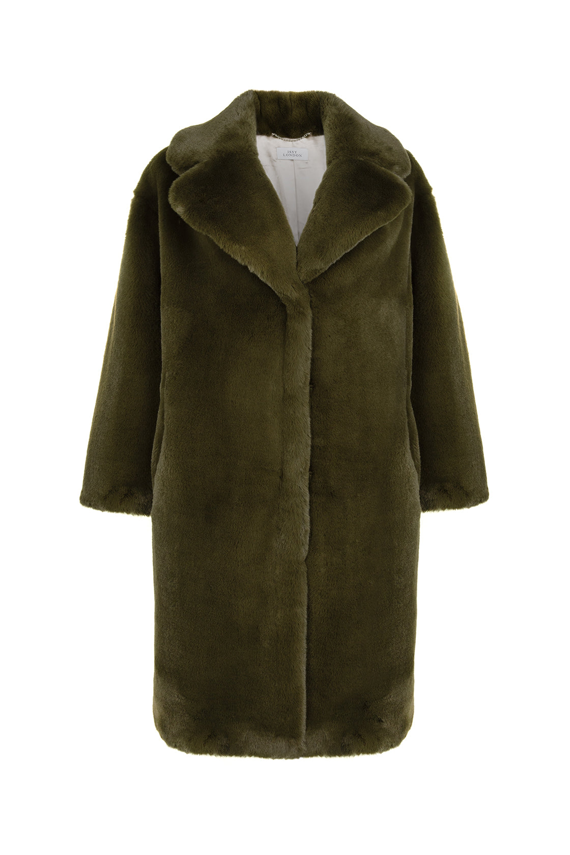 Women’s Greta Luxe Longline Faux Fur Coat Olive Green Small Issy London