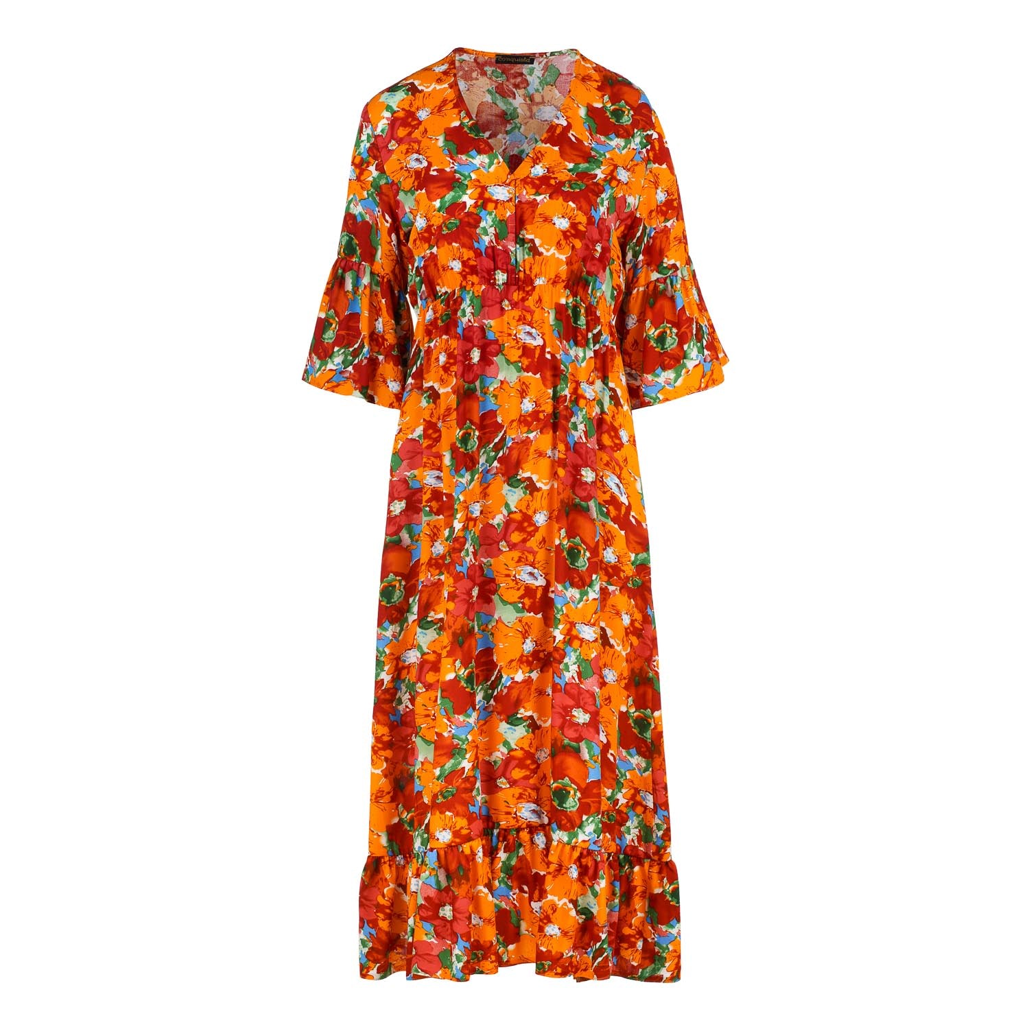 Women’s Yellow / Orange Floral Ruffle Detail Midi Dress Extra Large Conquista