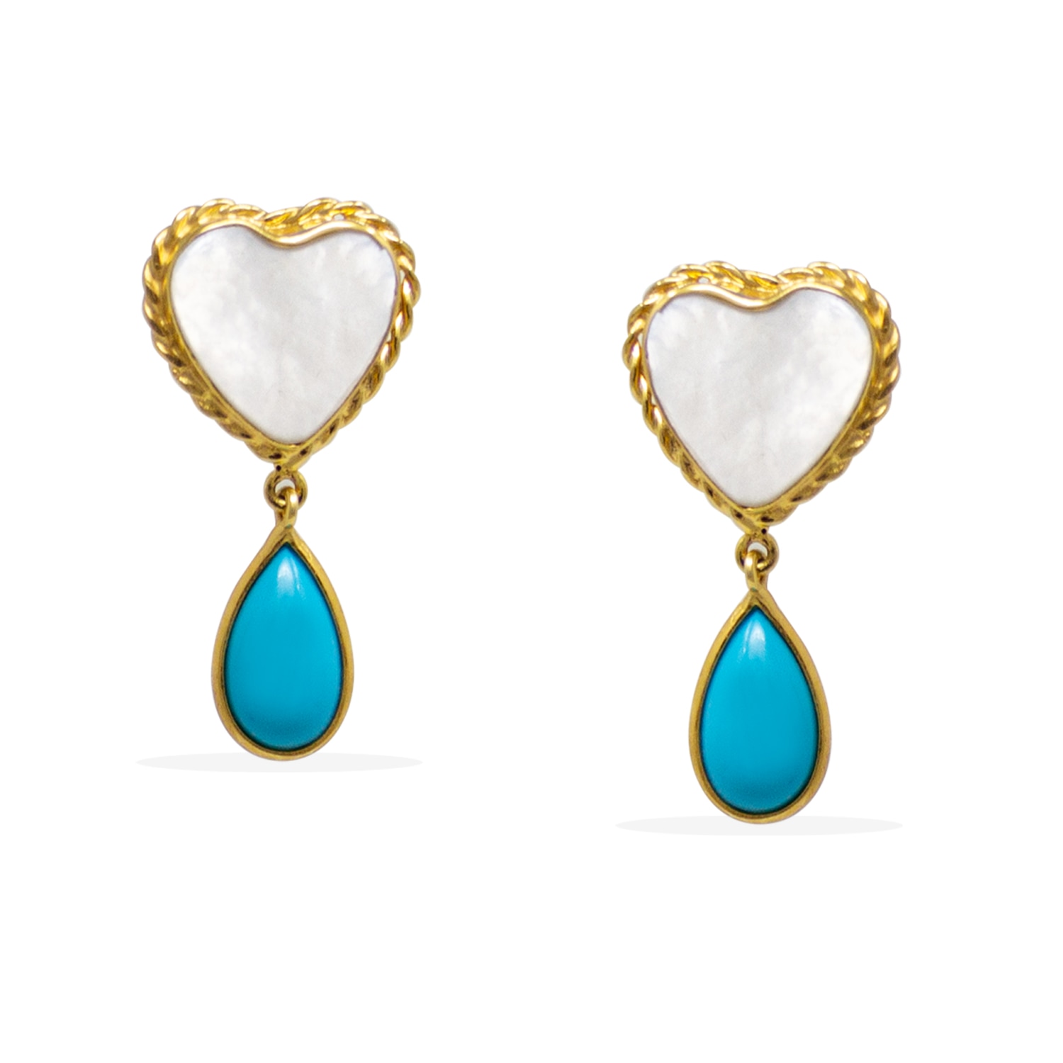 Women’s White / Blue / Gold Happy Hearts Pearl And Turquoise Earrings Vintouch Italy