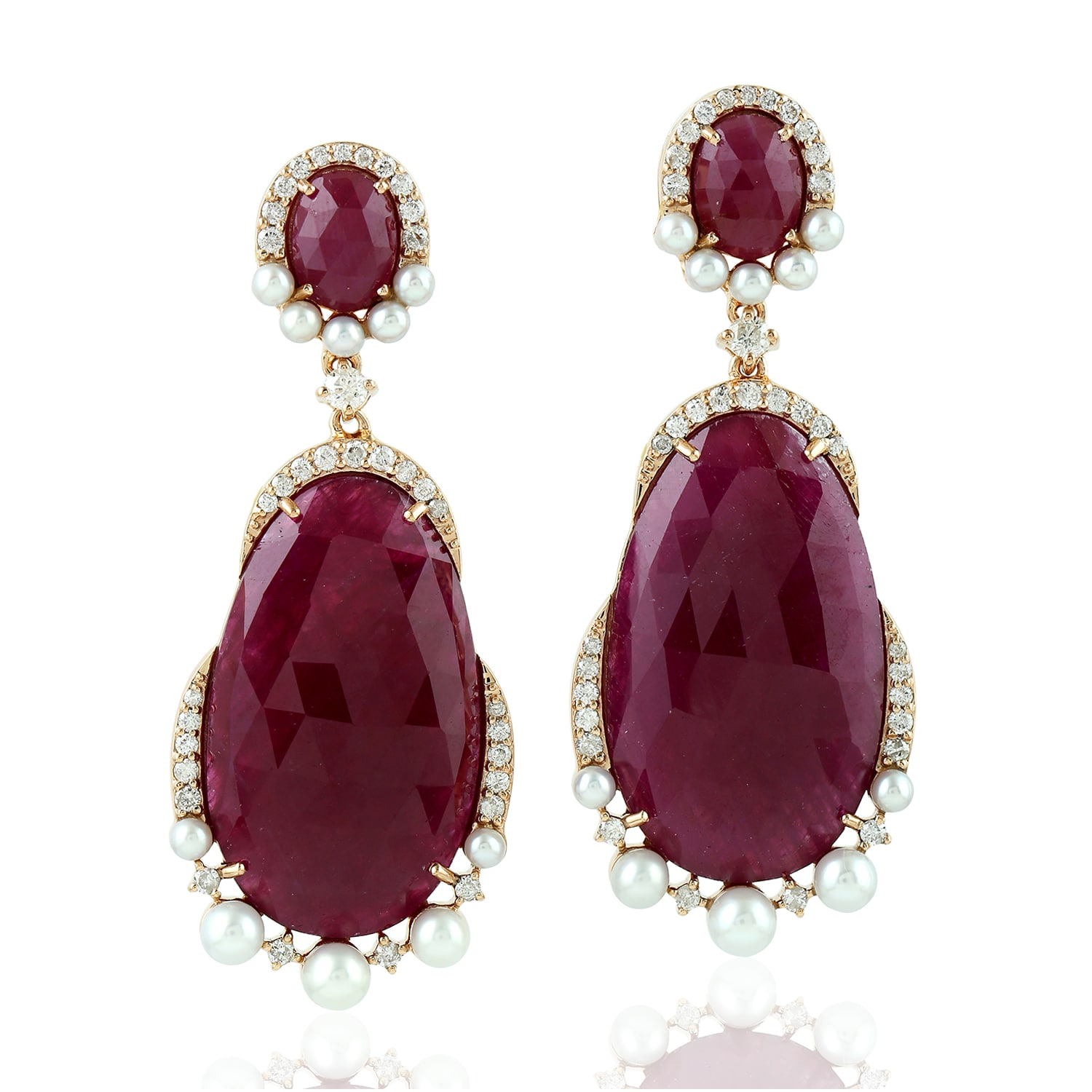 Artisan Women's Ruby & Pearl Gemstone Pave Diamond Dangle Earrings In Rose Gold