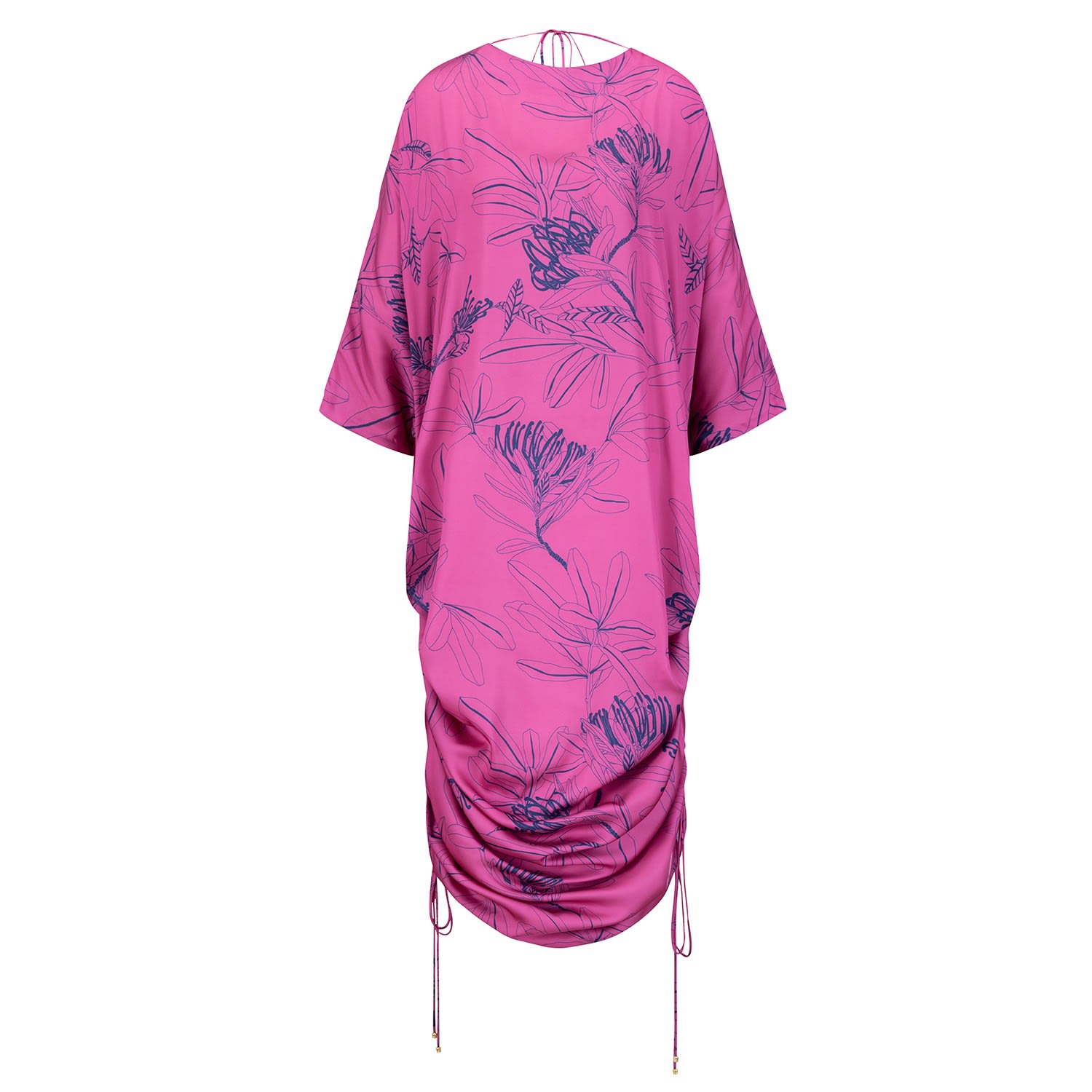 Women’s Pink / Purple Pure Silk Kaftan With String Gathering On The Side Secured With Golden Metal Balls In Super Pink Color Medium Azzalia