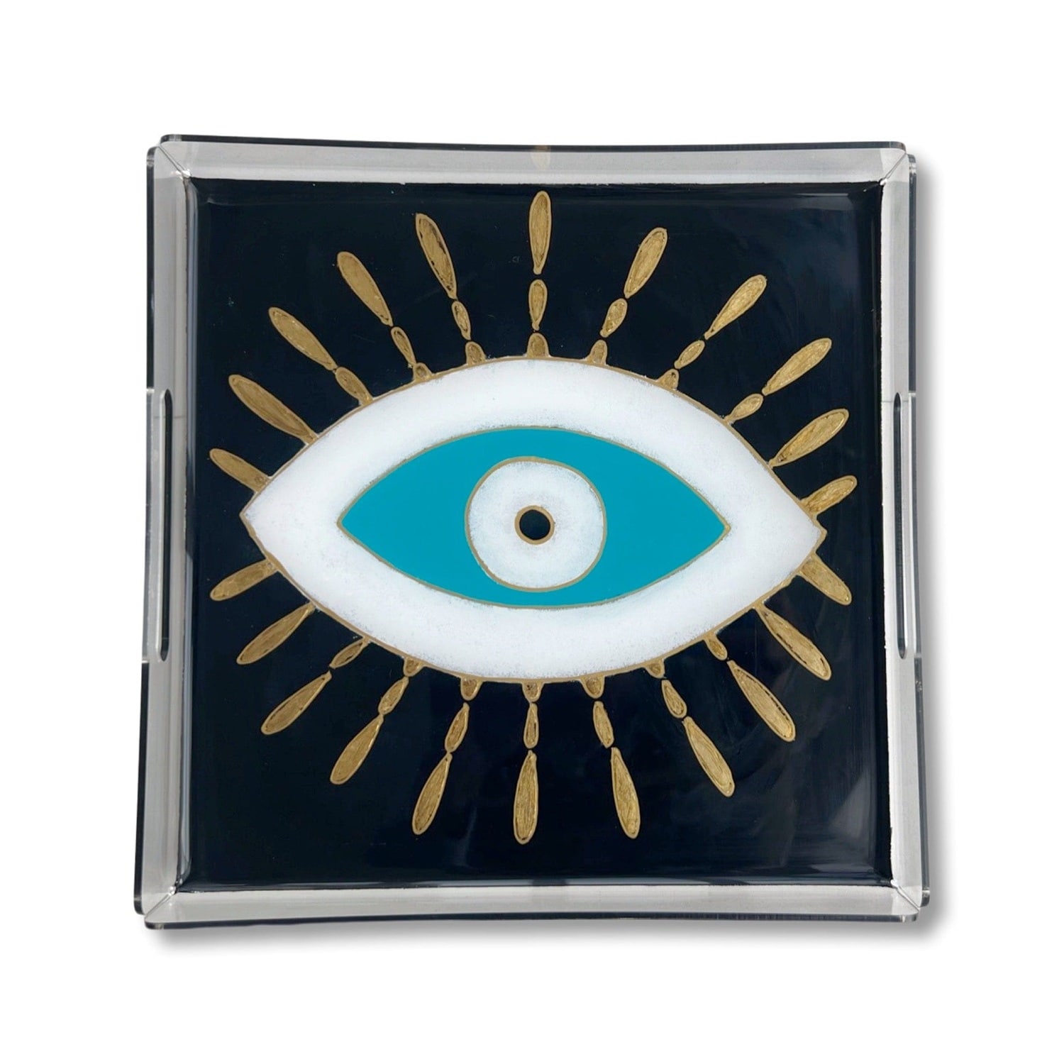 Casa Duniya Hand-painted Evil Eye Black/turquoise Square Nazar Tray
