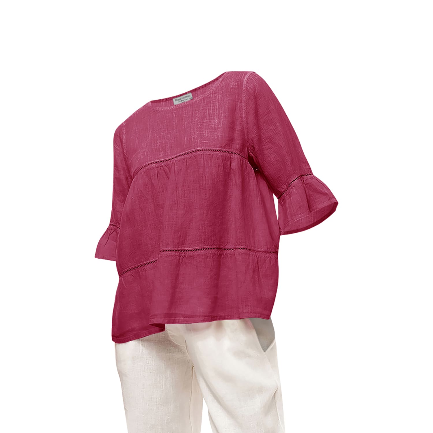 Haris Cotton Women's Red Guipure Lace Insert Flounce Sleeve Ruffle Hem Blouse Berry In Red