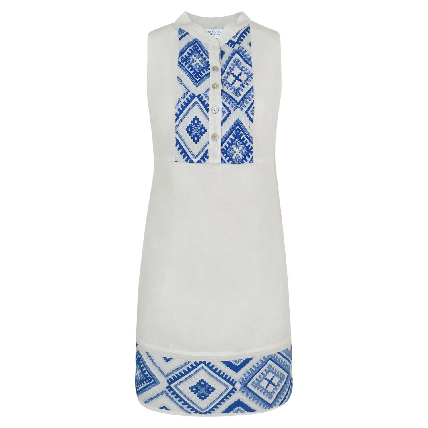 Haris Cotton Women's Sleeveless Mini Linen Dress With Embroidered Panels-white Lapis In White