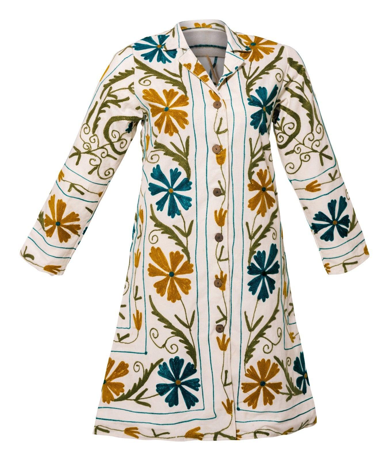 Transcend Women's Malika Coat - Suzani Embroidery White With Multi Color Emb - Medium In Blue/white